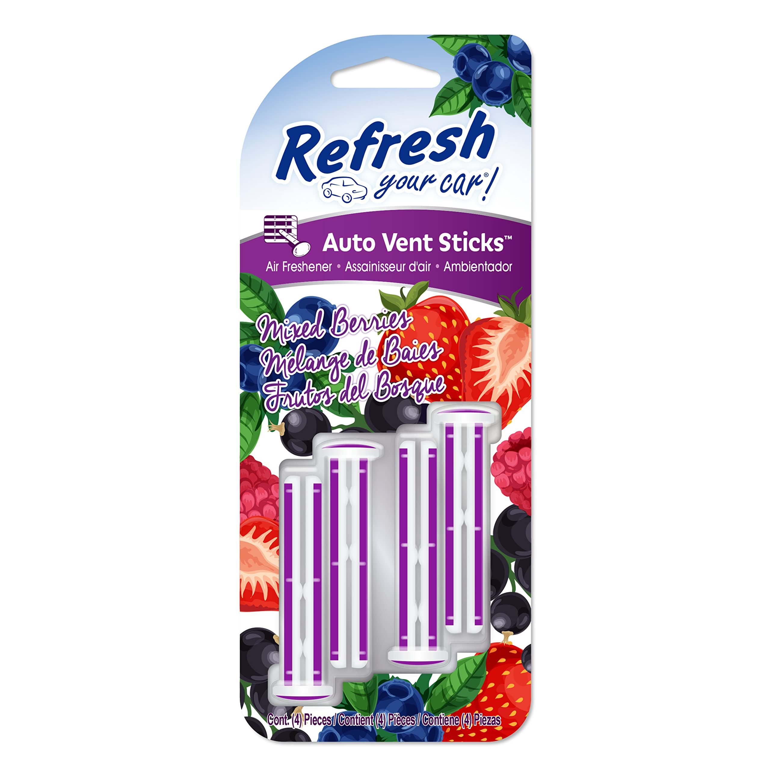 Car Air Freshener, Odor Eliminator, Set of 4 Auto Vent Sticks, Mixed Berries Scent, Refresh Your Car