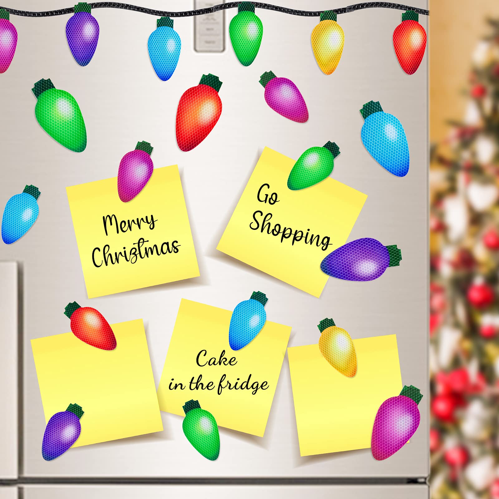 Whaline 49Pcs Christmas Reflective Car Magnets Set - Colorful Bulb Light Design, PET Material, Great for Garage, Refrigerator, and Mailbox Decor