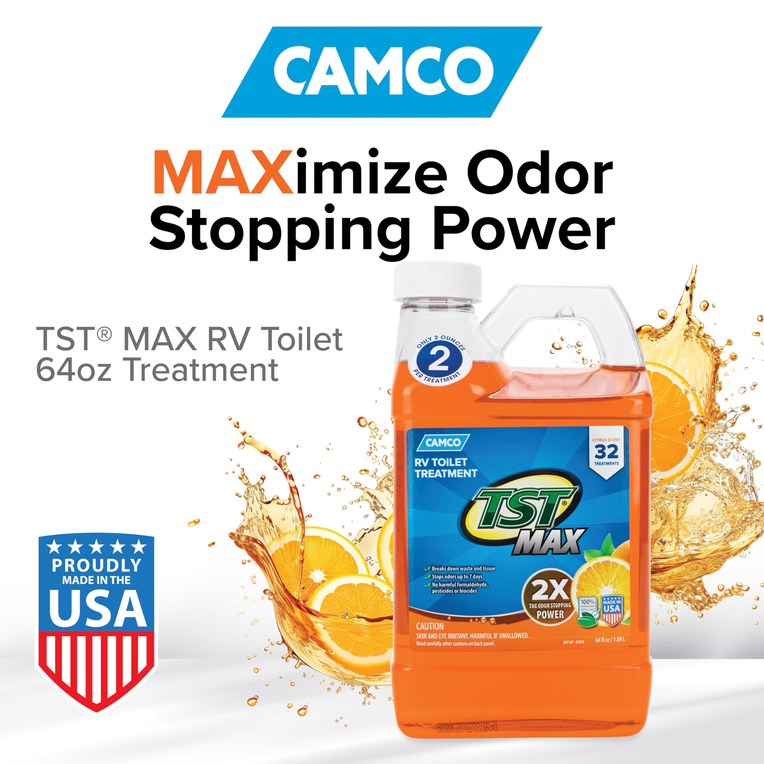 Camco Tst Max Camper / Rv Toilet Treatment - Features Septic Safe Formula & Stops Odors Up To 7 Days - Orange Scent, 64 Oz (4119