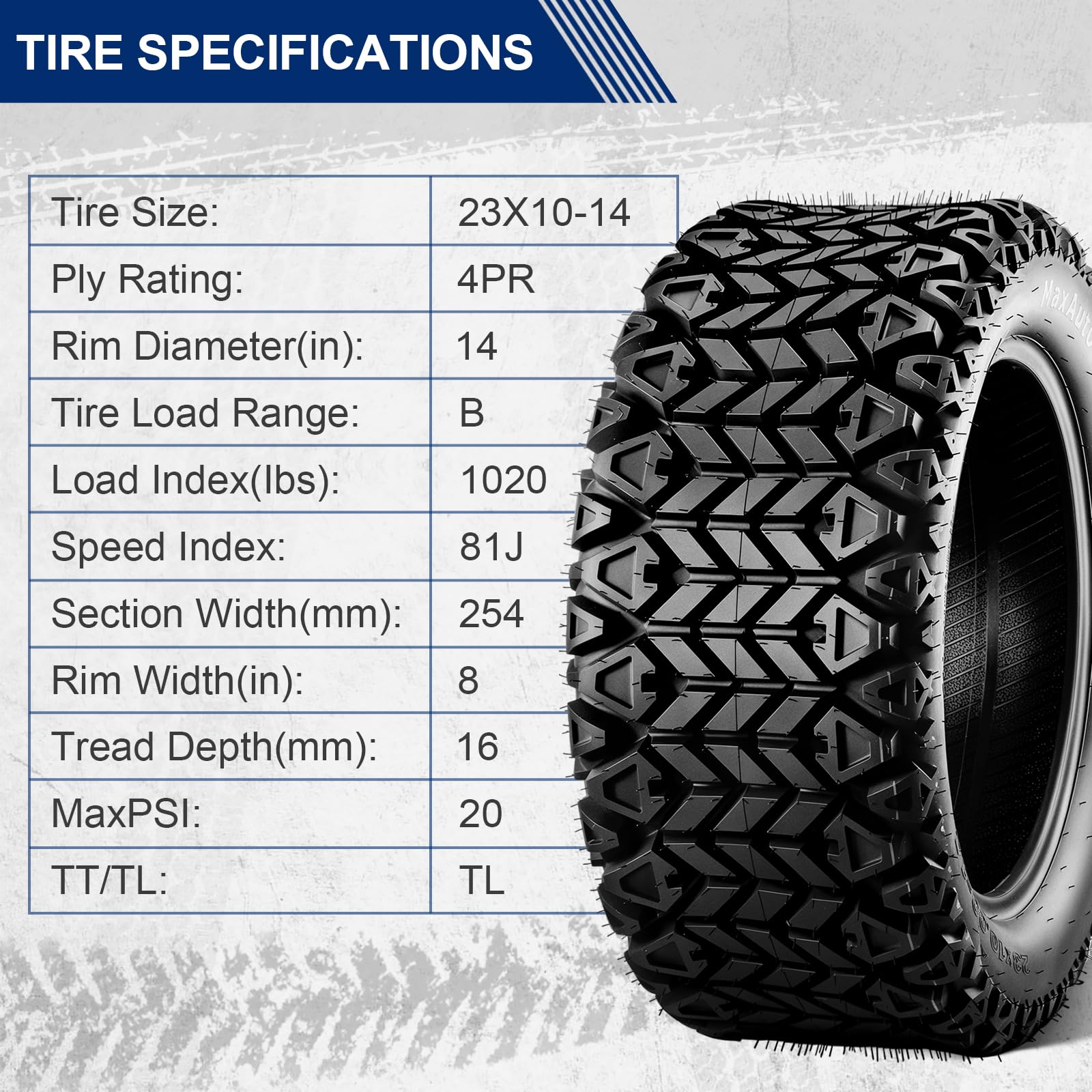 MaxAuto 23X10-14 Golf Cart ATV Tires, 23x10x14 Golf Cart Tires, All Terrain UTV ATV Tire Trail Tire, 23x10 14 Mud Sand Off-Road