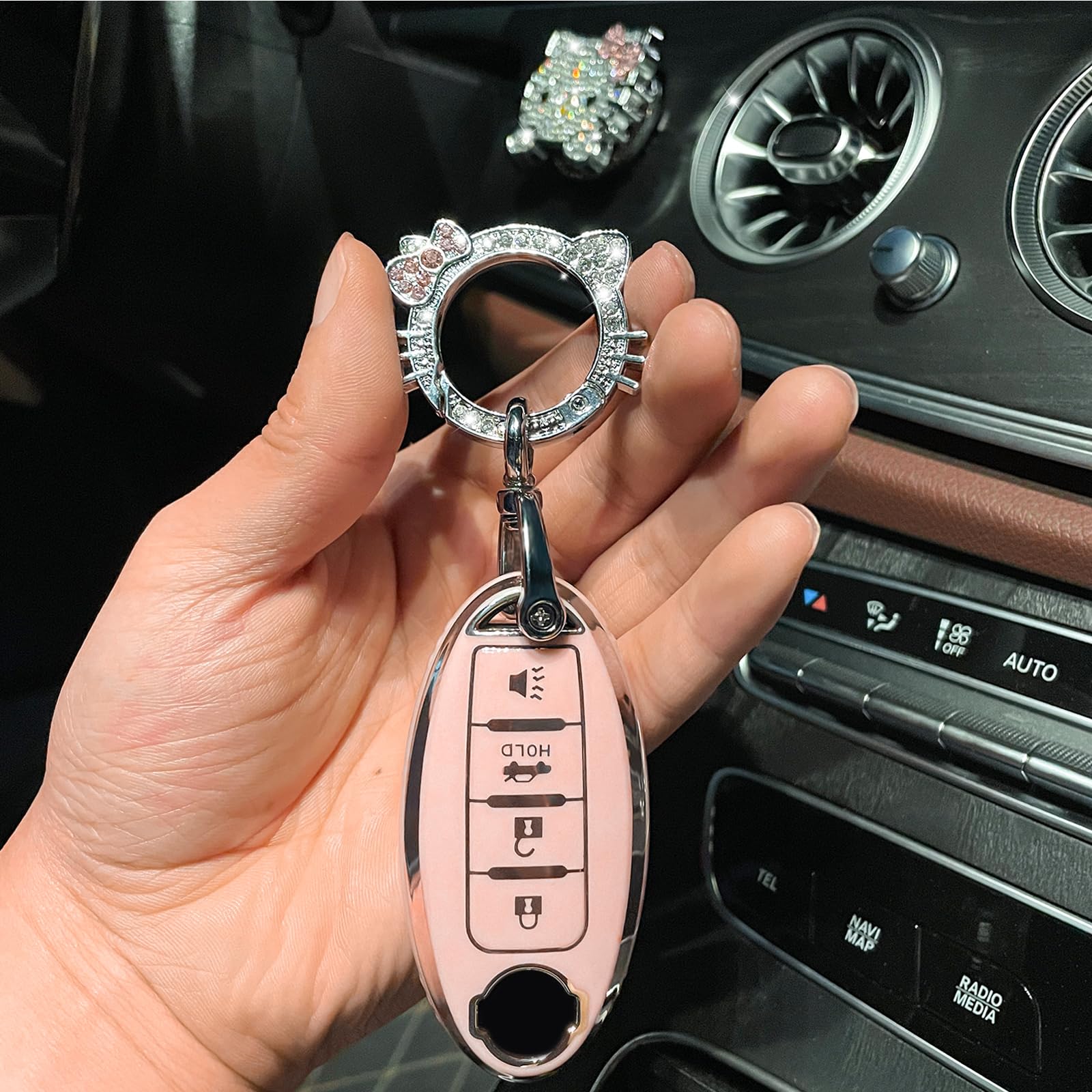 Pangpai Pink Car Accessories 3 Pcs for 4 Buttons Nissan Key Fob Cover with Bling Keychain Cute Push to Start Button Cover
