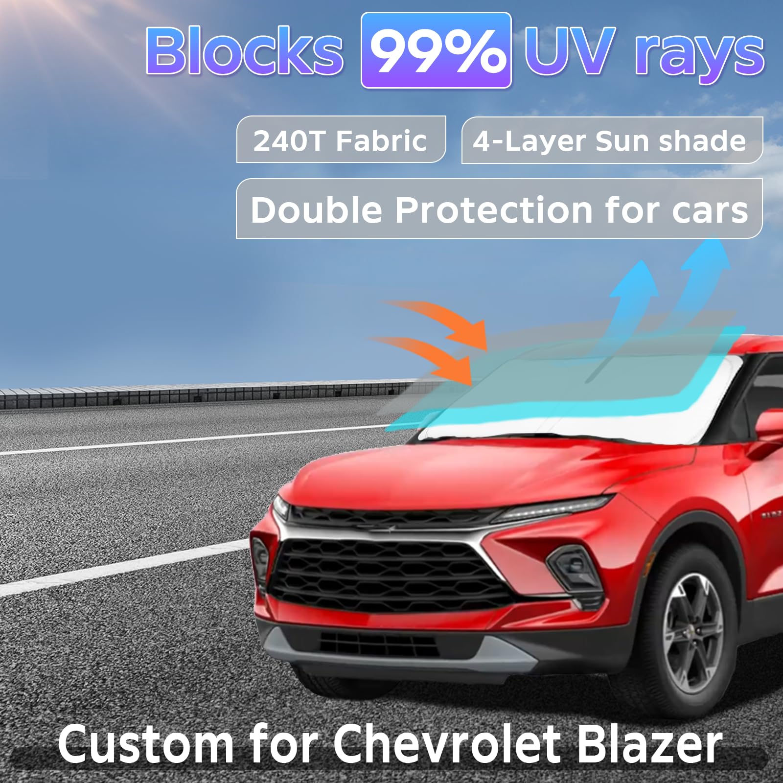 Sun Shade Sunshade For Chevrolet Blazer 2019-2024 Windshield Cover (Not For Ev) 2-Layers Sun Shield For Chevy Blazer 240T Silver