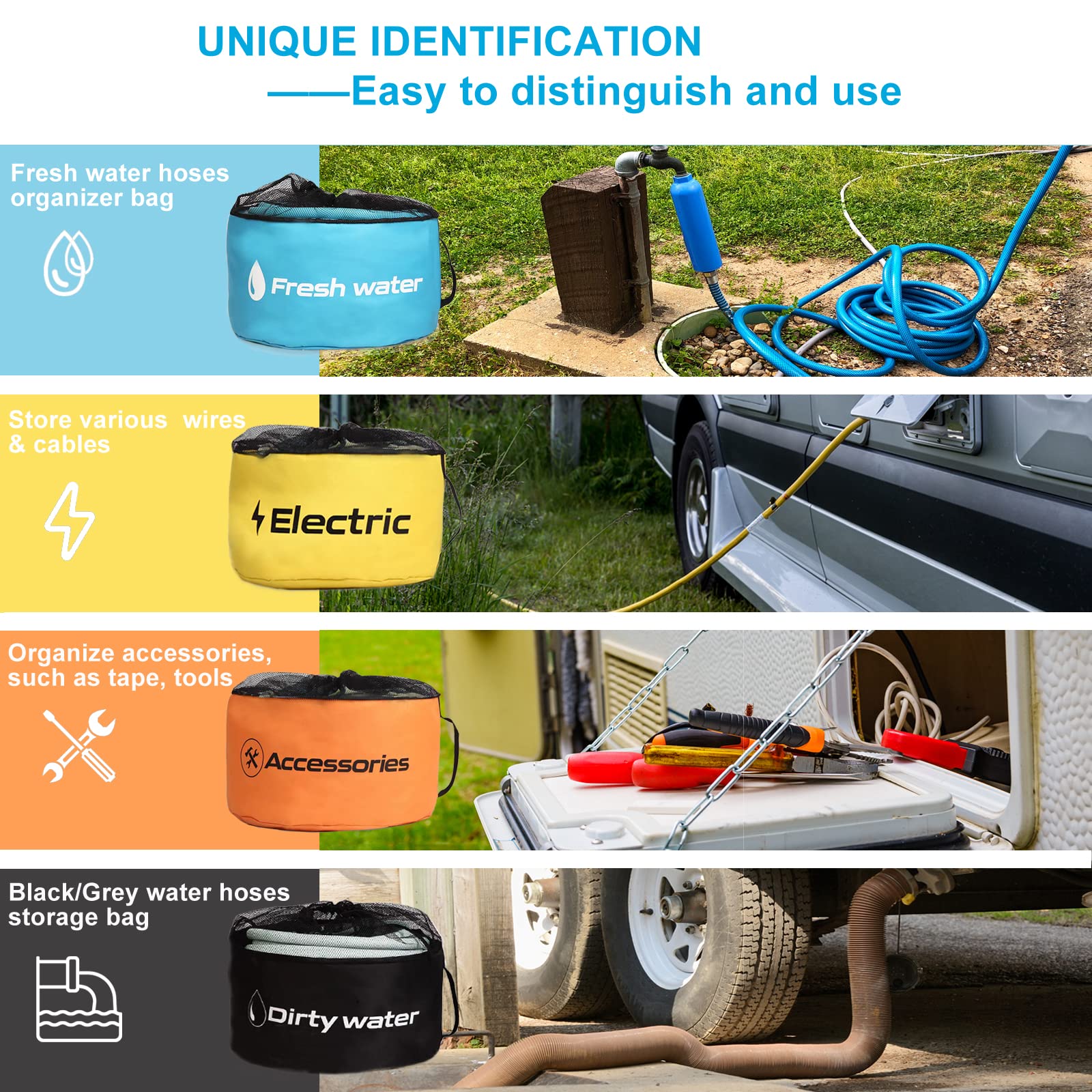 Gociean RV Hose Storage of 4 Pack, RV Accessories Storage Bag with 4 Storage Straps for Sewer Hoses/Fresh Water Hoses/Electrical