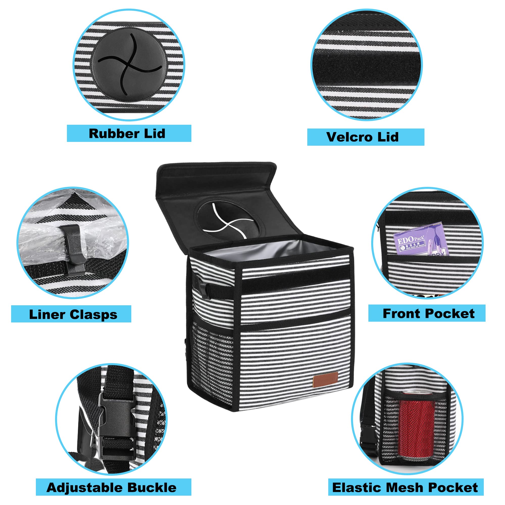 Femuar Car Trash Can Leak Proof Car Trash Bag Waterproof Car Garbage Can With Lid With Storage Mesh Pocket, Large/Stripe