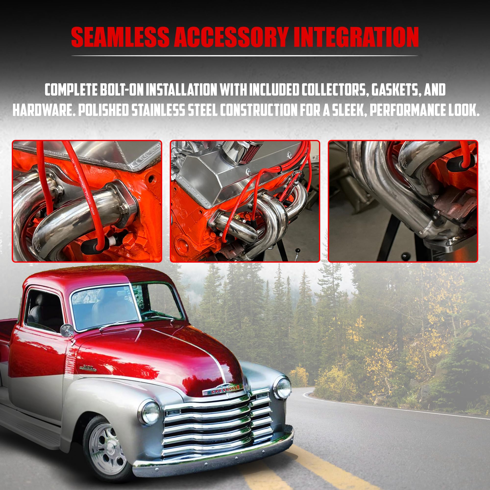 Center Dump Block Hugger Headers for Gen 1 SBC 265 283 302 305 327 350 400 V8 Stainless Steel 3 Bolt Shorty Style for Street Rod