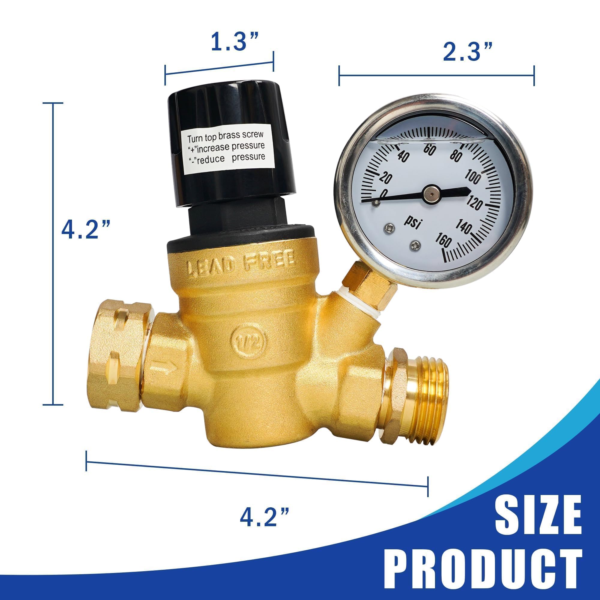 Hourleey Rv Water Pressure Regulator, Adjustable Handle Brass Water Pressure Regulator, Water Pressure Reducer With Gauge And In