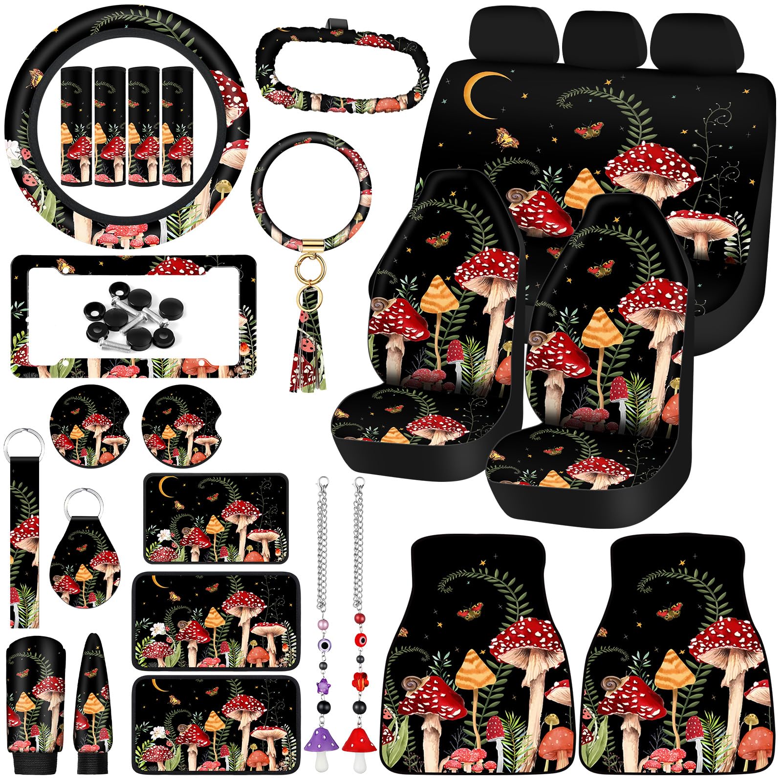 Fabbay 26 Pcs Mushroom Car Seat Covers Set with Protectors Steering Wheel Seat Belt Cover Floor Mat Armrest Cushion Key Chains A