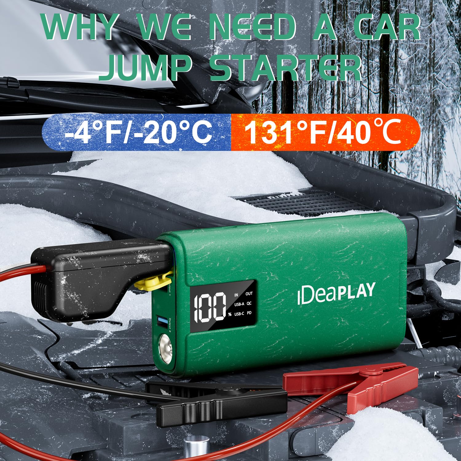 IDEAPLAY J10 2000A Jump Starter, 12V Portable Battery for 8.0L Gas & 7.0L Diesel, Fast Charging, LED Flashlight, Green