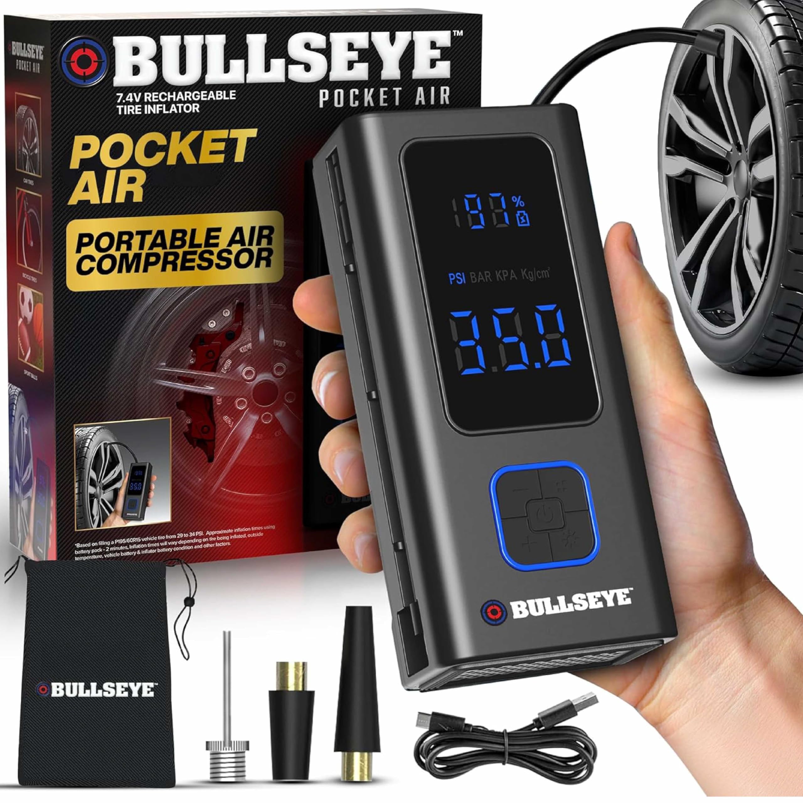 Pocket Air Tire Inflator Portable Air Compressor By Bullseye Pro For Tires, Balls, Bike With Persta Valve, Auto Shut Off, Inflat