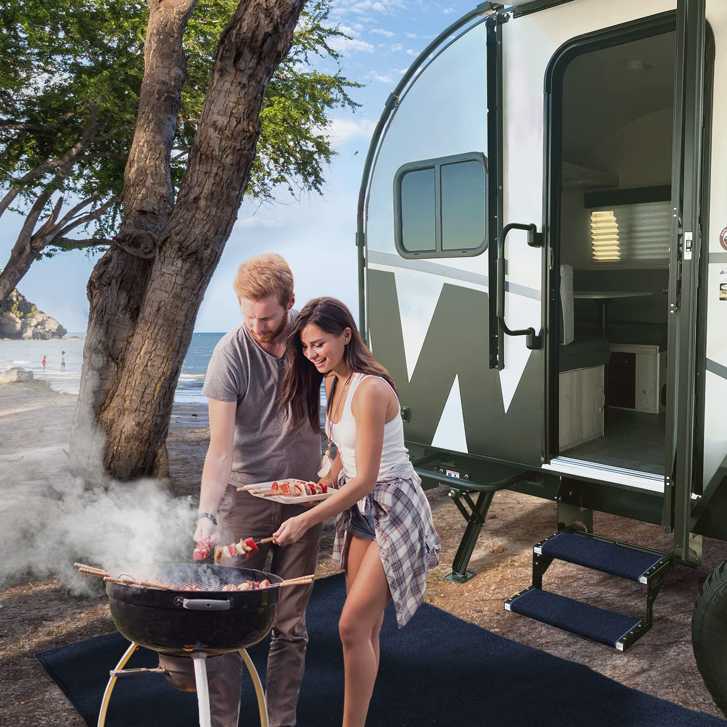 Prest-O-Fit 2-1051 Jumbo Wraparound + Plus RV Step Rug Imperial Blue 23 in. Wide