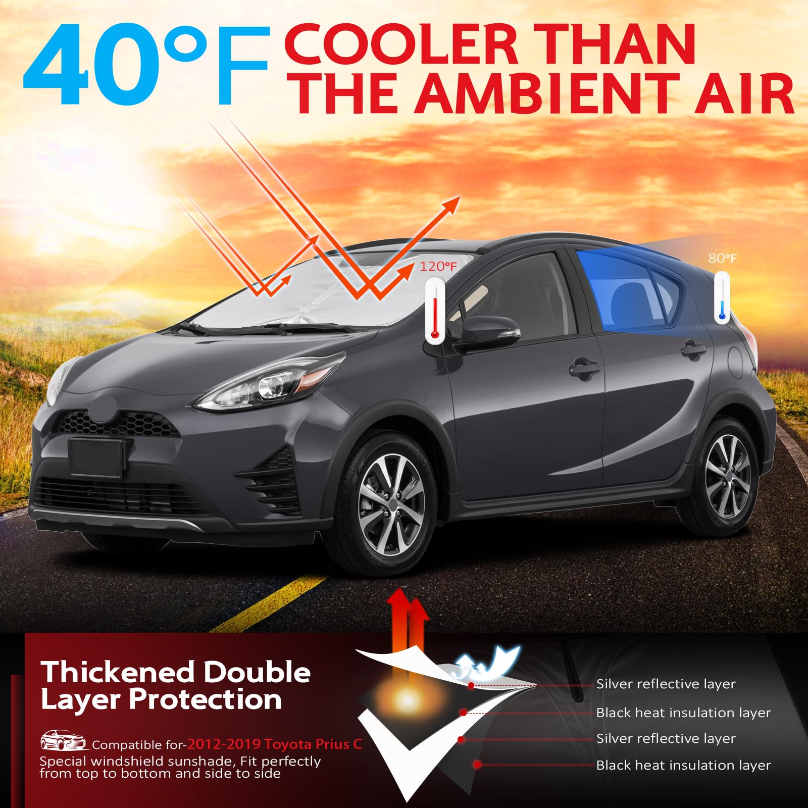 Kayzt Windshield Sun Shade For 2012-2019 Toyota Prius C Foldable Sunshade Front Window Custom Fit Car Accessories