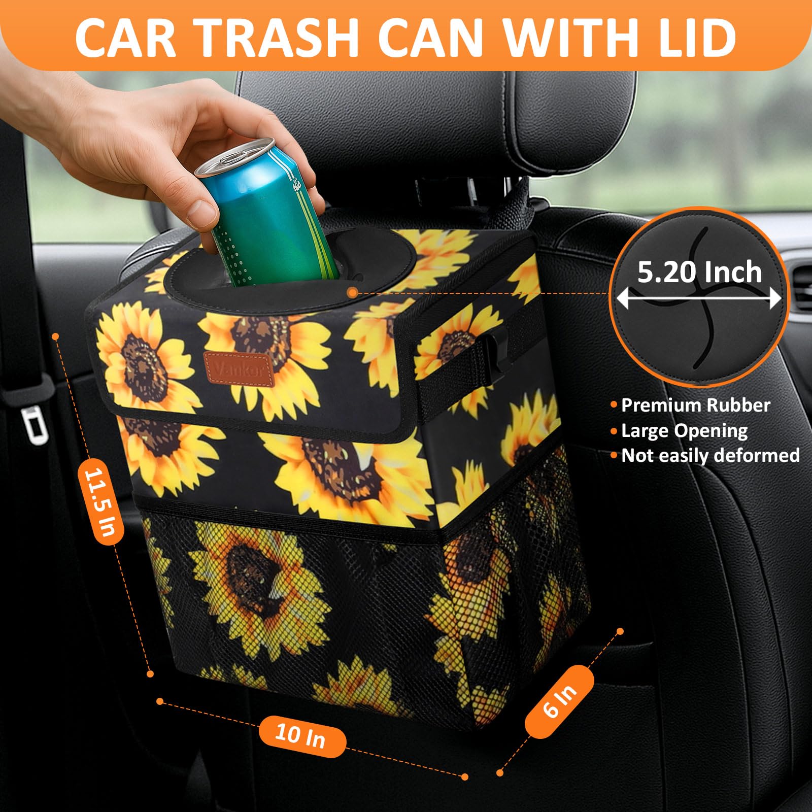 Vankor 3 Gallons Car Trash Can With Lid, Car Bag Bin Hanging Waterproof Automotive Garbage Cans Leak Proof Vehicle Trash Can Sun