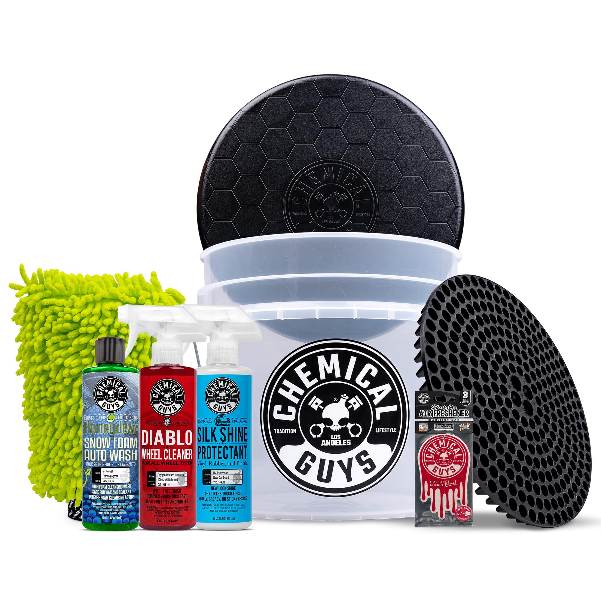Chemical Guys Hol126L 8-Piece Arsenal Builder Car Wash Kit With Bucket, Dirt Trap, Lid, Wash Mitt, Air Fresheners And (3) 16 Oz 