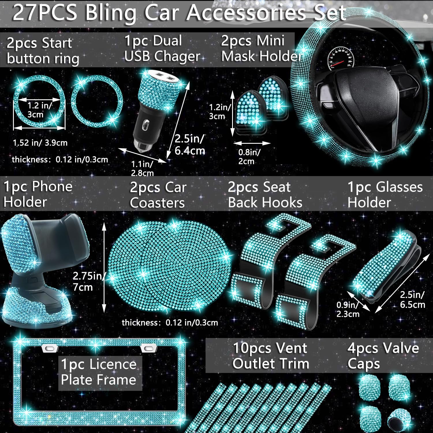 Nbtepem 27 Pcs Aquamrine Bling Car Accessories Set For Women, Bling Steering Wheel Covers Universal Fit 15 Inch, Bling License P