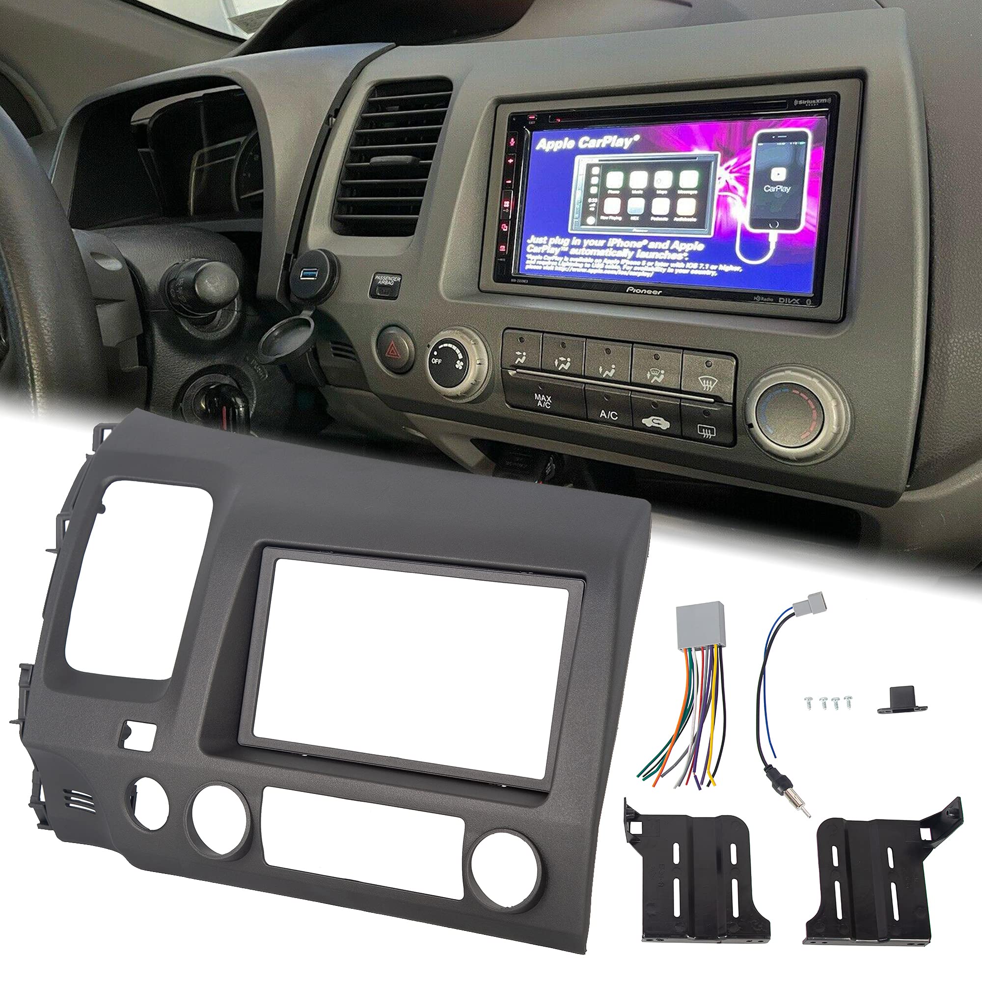 Ecotric Car Radio Dash Board Compatible With 2006-2011 Honda Civic Double 2 Din Dashboard Kit Housing Trim Bezel Panel With Wiri