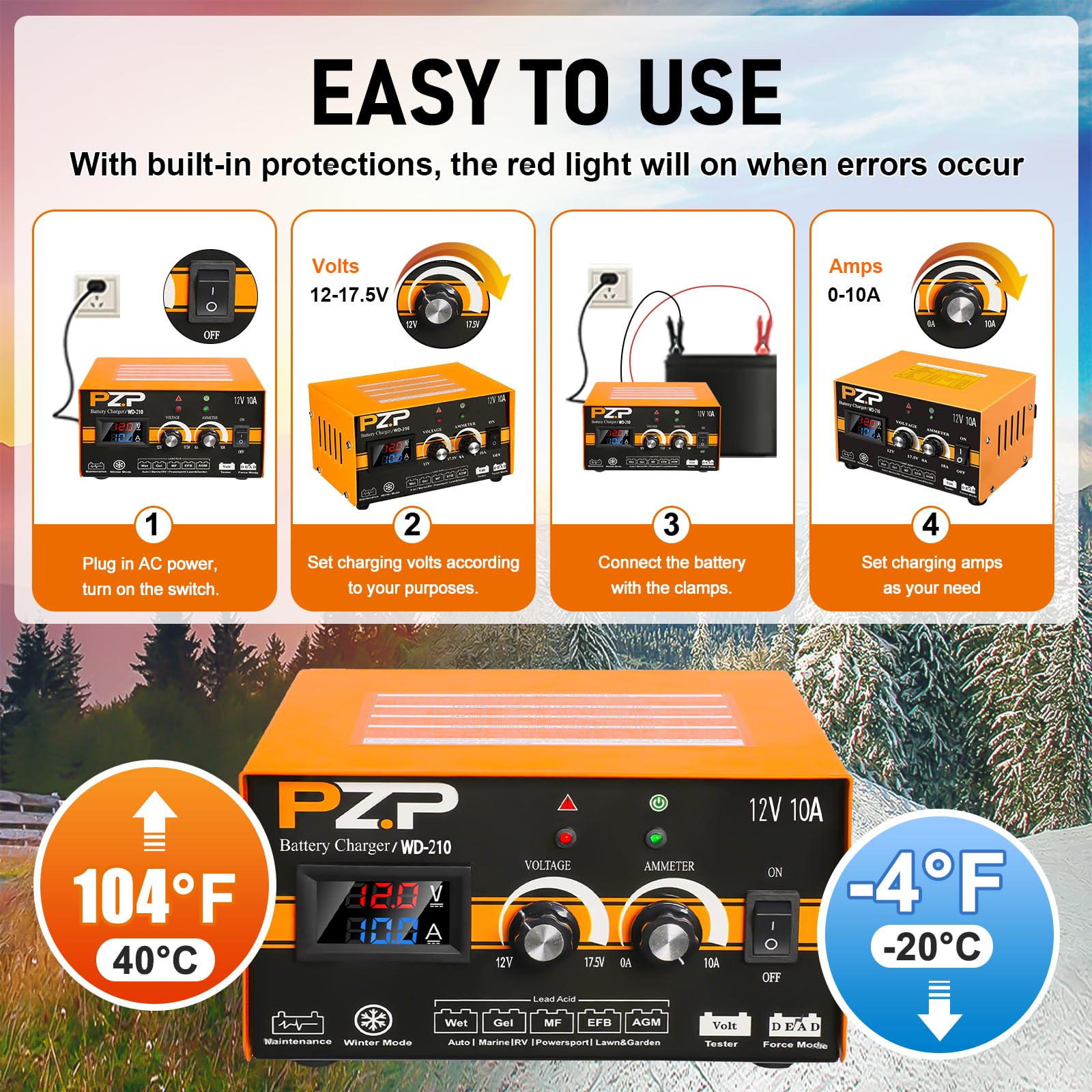 Pzp 12V Manual Battery Charger Maintainer, 0 To 10A Arbitrarily Adjustable Car Battery Trickle Charger, Battery Desulfator With