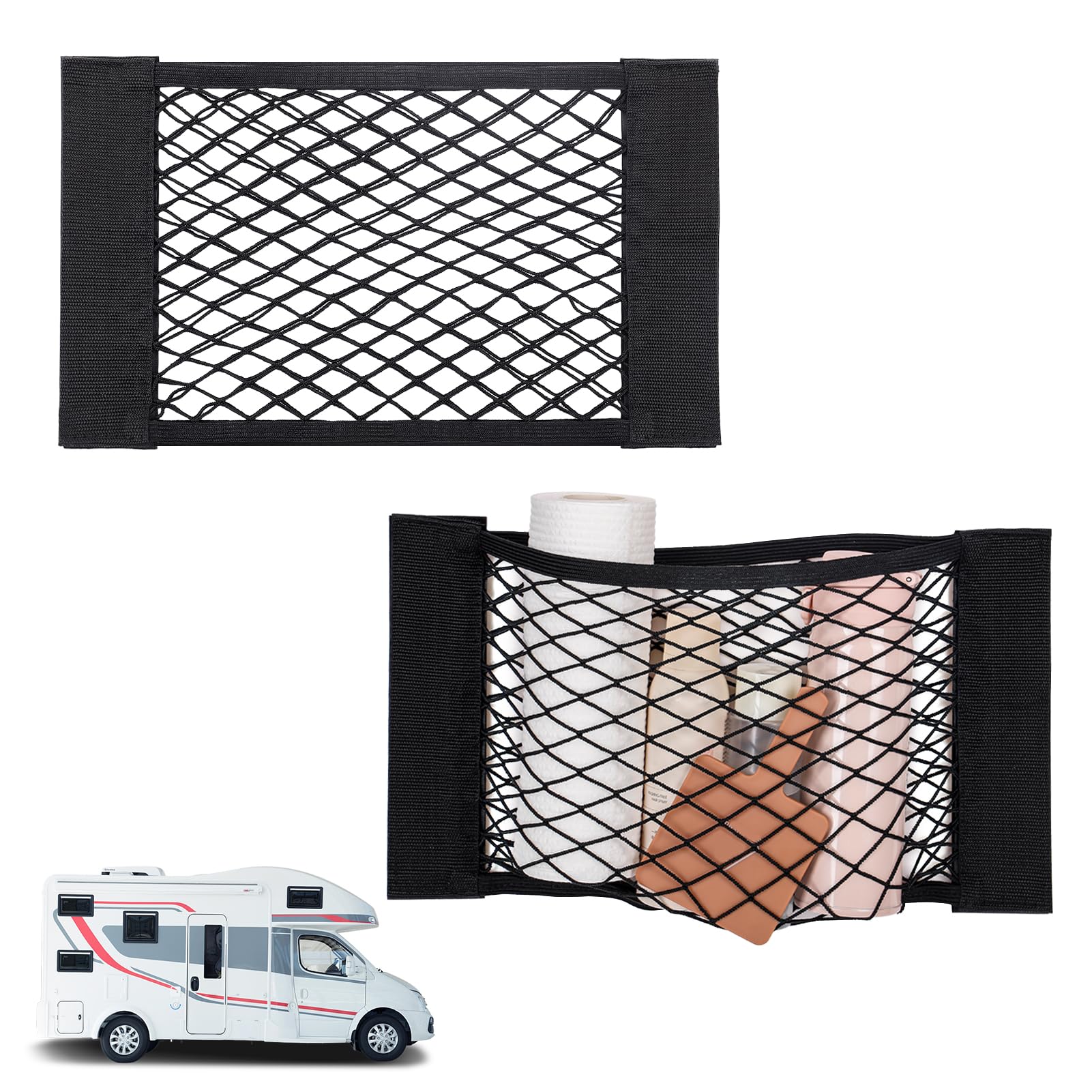 Bigmeta 2PCS RV Cargo Storage Mesh Net, Elastic Stretchable Netting Pocket with 4 Adhesive Strip Wall Sticker for SUV, Truck(17.