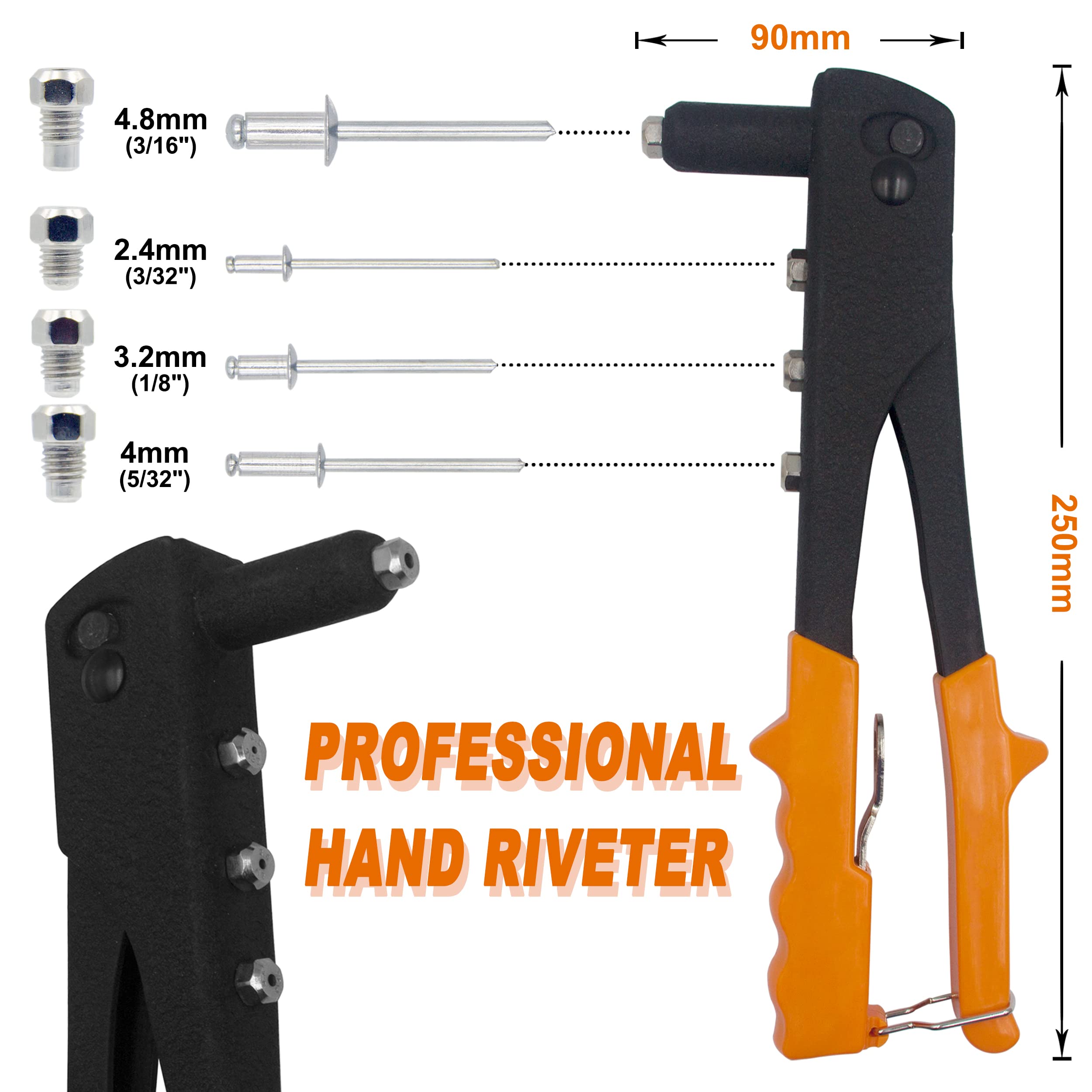 Ispinner 225Pcs Aluminum Blind Rivets Assortment Kit With Heavy Duty Hand Riveter Rivet Gun Tool, 6 Sizes Pop Rivets