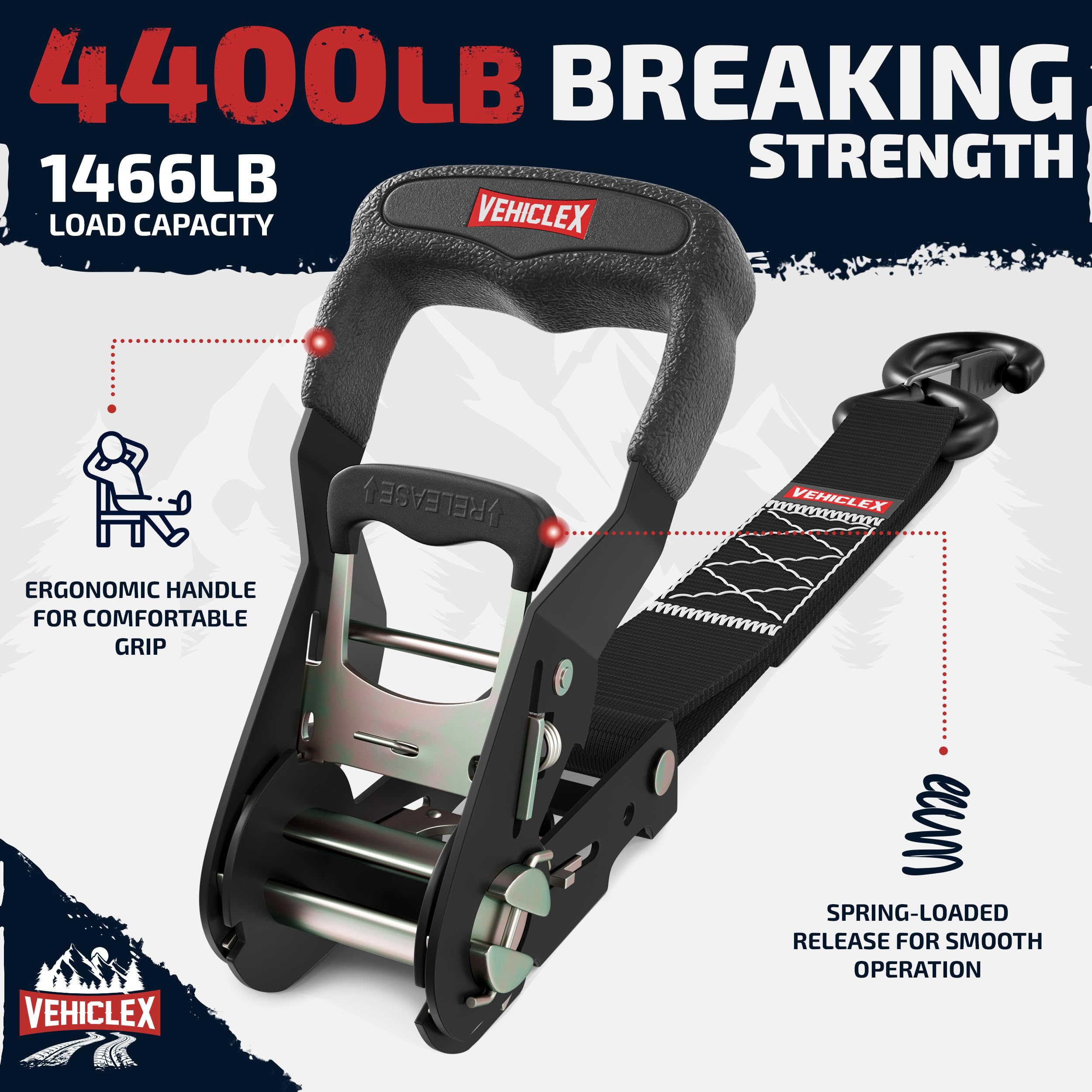 Vehiclex (4PK) Heavy Duty Ratchet Straps & Soft Loops - 1.5'' x 8 ft Kit - 4400 lb Break Strength - Motorcycle & Powersports Tie