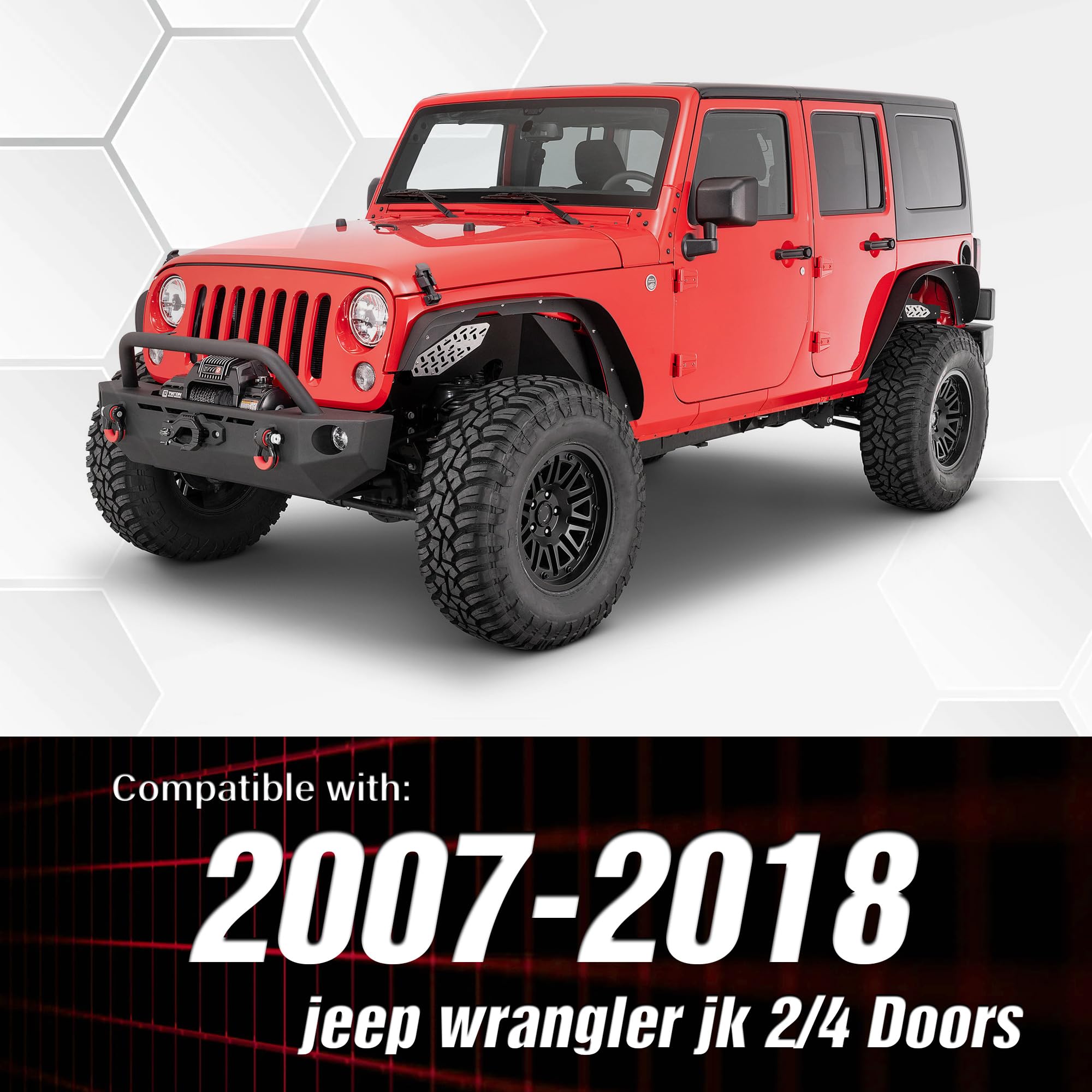 YZONA for JK 4-Piece Flat Style Front and Rear Fender Flares Kit Compatible with 2007-2018 Jeep Wrangler JK JKU Unlimited (2/4 D