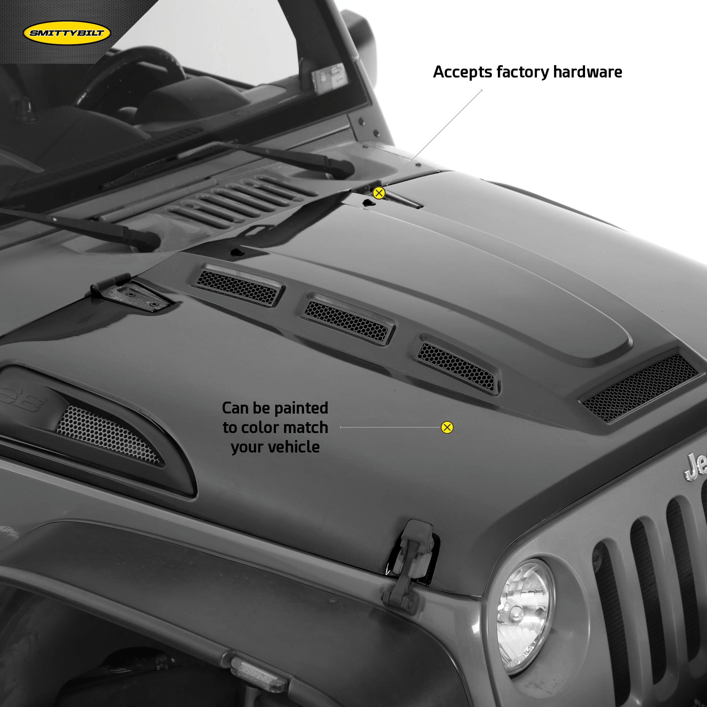 Smittybilt 76500 H.E.M.I. Vented Hood For 2007-2018+ Jeep Wrangler Jk,Black