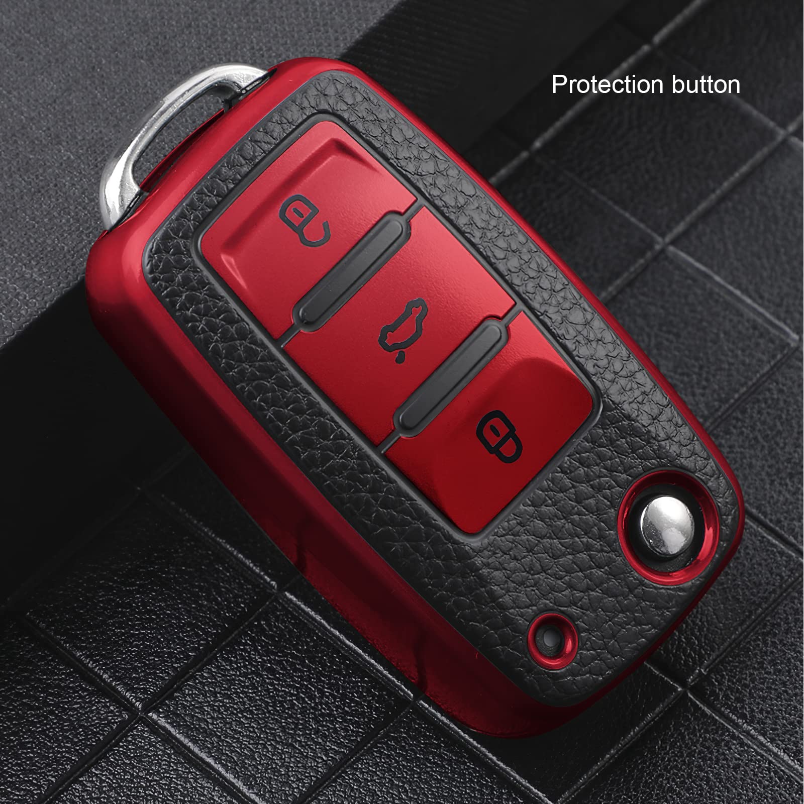Elohei For Vw Key Fob Cover, Premium Soft Tpu 361 Degree Full Protection For Vw Volkswagen Jetta Beetle Tiguan Passat Golf Mk6 Polo 3 Buttons(Leather Red)