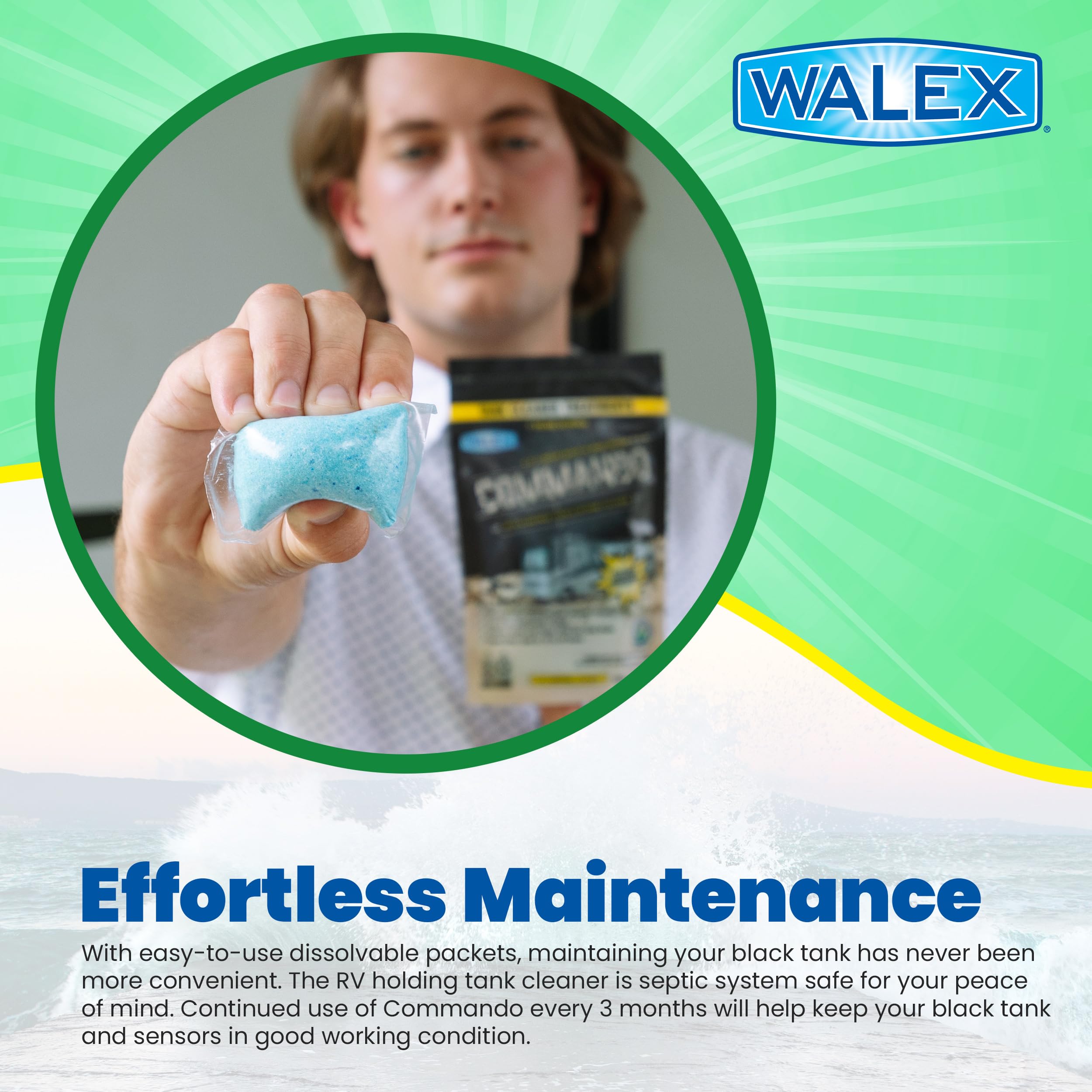 Walex Commando RV Black Holding Tank & Sensor Cleaner - Eliminates Waste & Paper Buildup, Restores Sensor Function, Lubricates Valves & Seals, Advanced Enzyme Formula; Dissolvable Packets, 4 Count