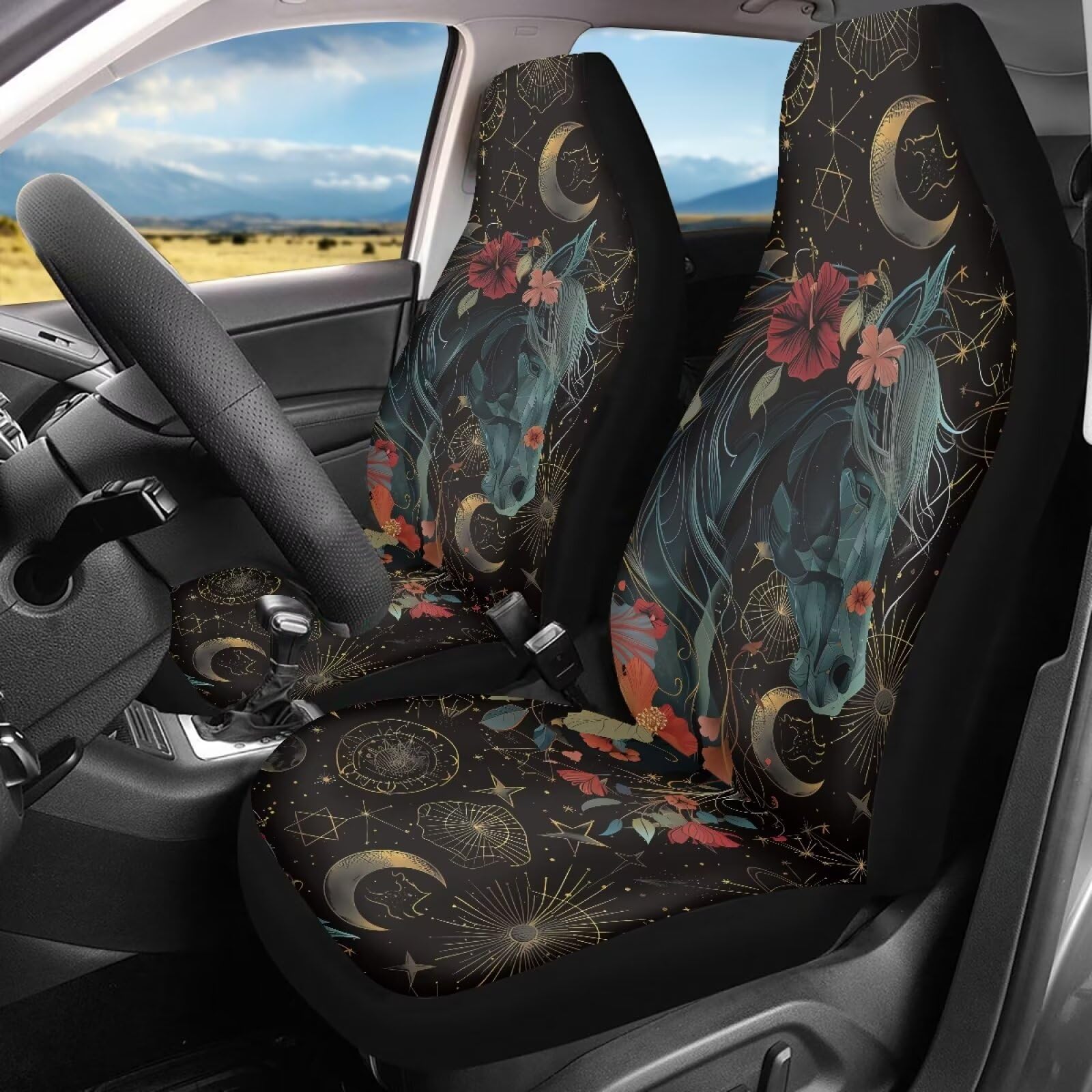 Talayituse Horse Hibiscus Print Car Front Seat Cover, Moon Star Design 2 Pack Stretchy Car Seat Cover Soft Bucket Vehicle Seat P