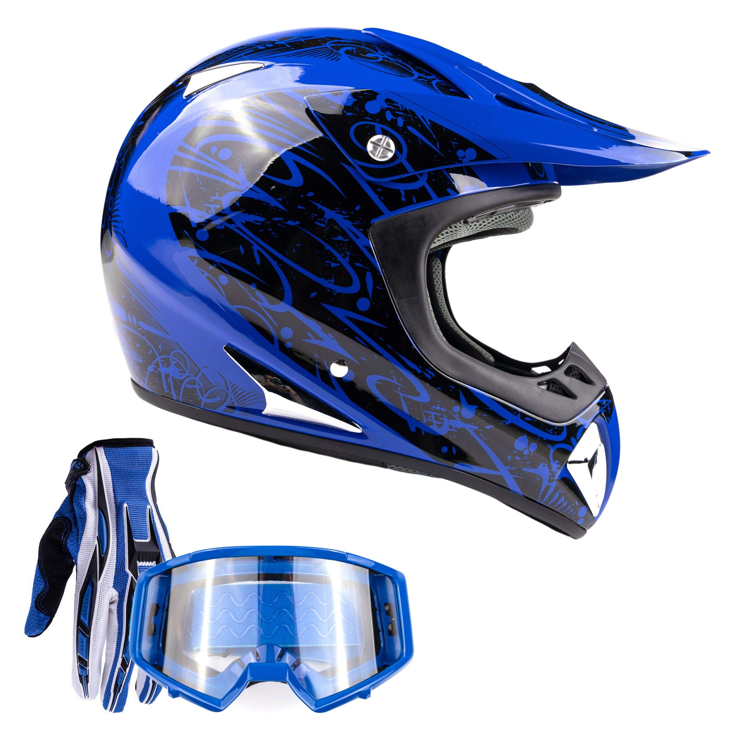 Typhoon Adult Atv Mx Helmet Goggles Gloves Gear Combo Blue ( Small )