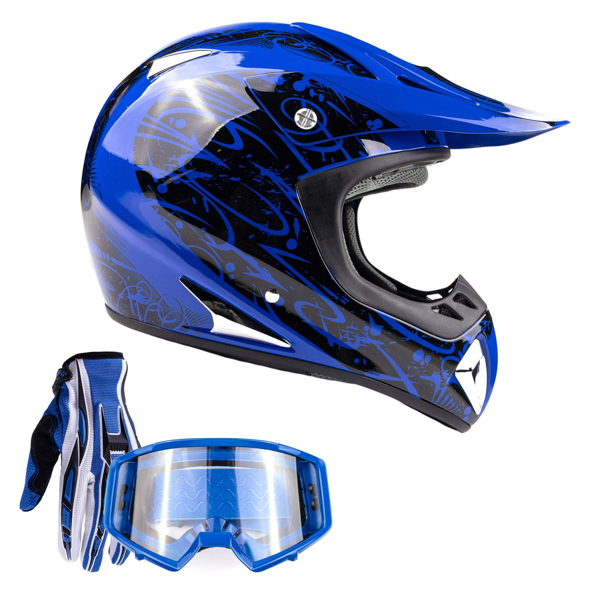 Typhoon Adult Atv Mx Helmet Goggles Gloves Gear Combo Blue ( Small )