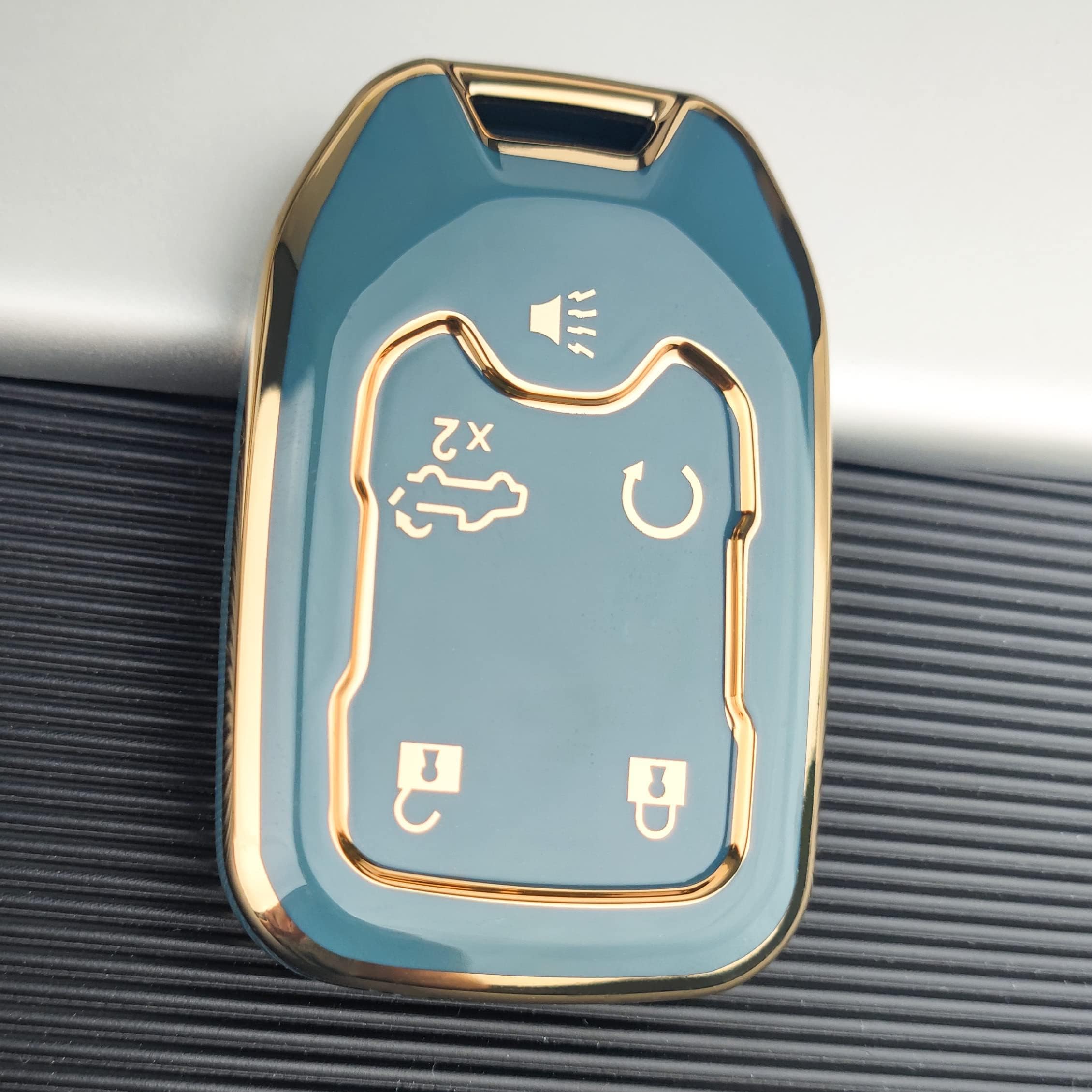 Ollen 5-Button Tpu Key Fob Cover, Fit For Gmc Acadia 2017-2025, For Terrain 2018-2025, For Sierra 2019-2025, For Chevy Silverado 2019-2022, Full Protection Soft Tpu Key Case, With Bling Ring, Blue