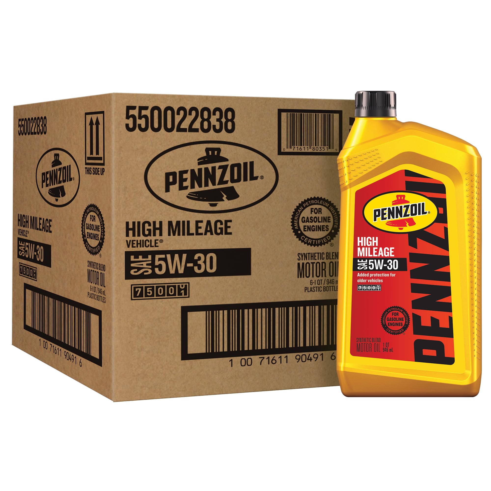 Pennzoil High Mileage 5W30 Motor Oil, 1 Quart (6 Pack)