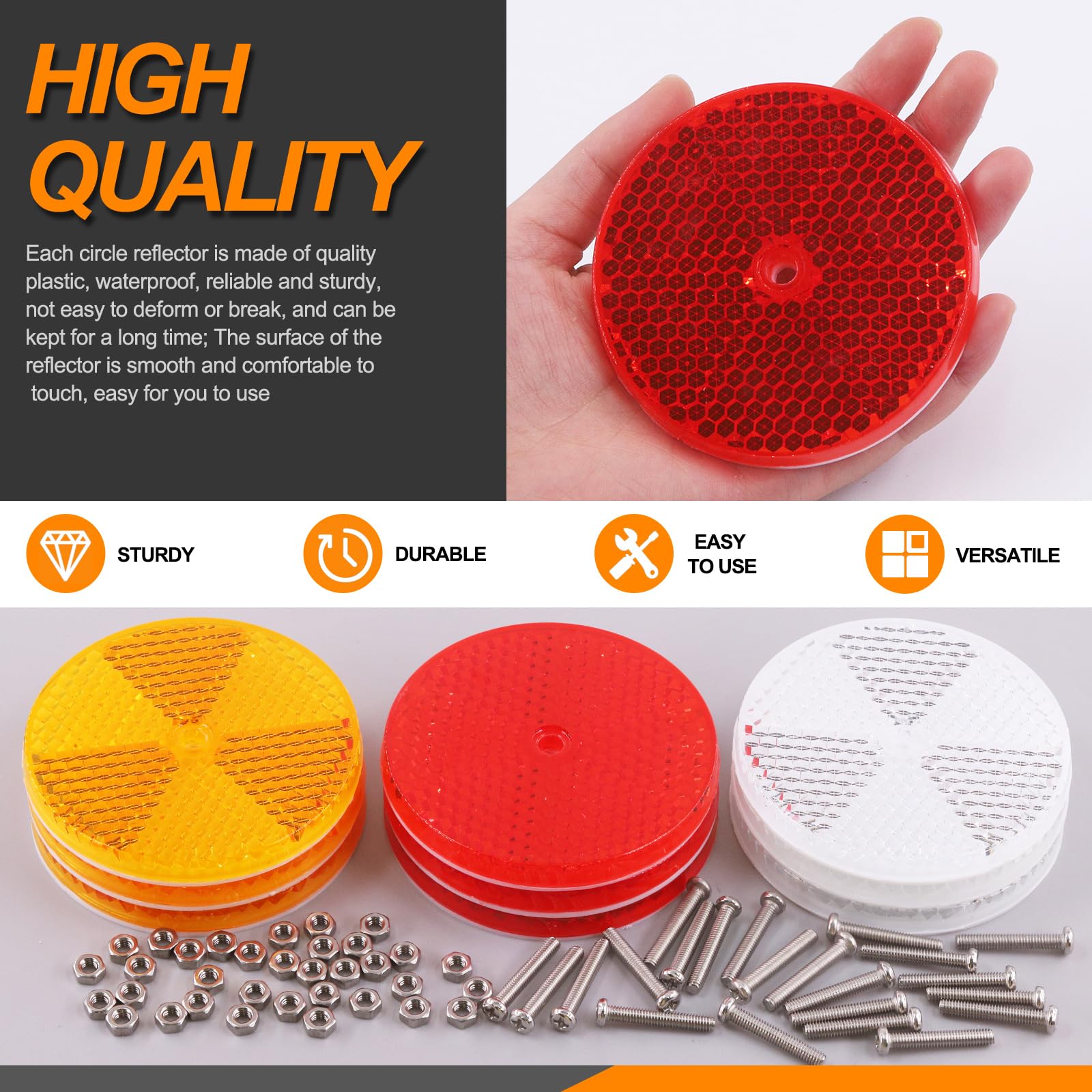 Rustark 12Pcs Red Front Reflector Round Reflector With 24Pcs 304 Mounting Bolts And Nuts Plastic Reflective Waterproof Safety Warning Trailer Reflectors Car Reflector For Driveway Dark Night