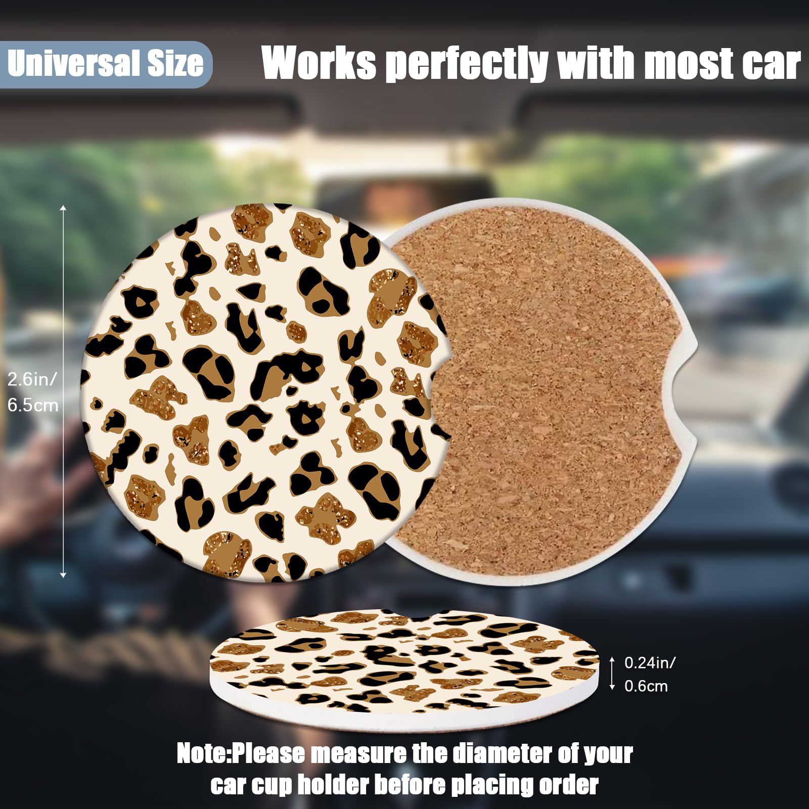 Car Cup Holder Coaster - Leopard Print Absorbent Ceramic Coaster, Car Coasters for Cup Holders, Auto Accessories for Women & Men