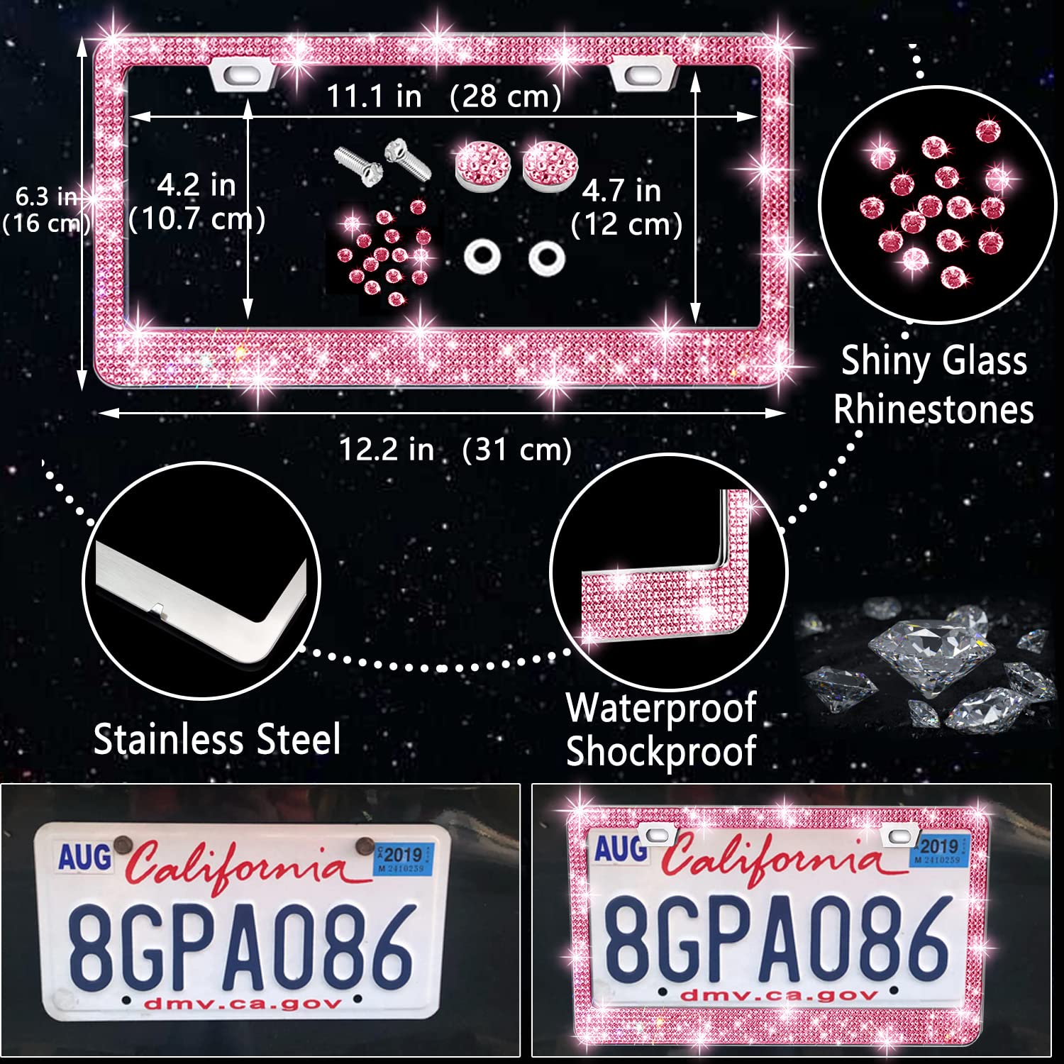 Nbtepem 27 Pcs Pink Bling Car Accessories Set For Women, Bling Steering Wheel Covers Universal Fit 15 Inch, Bling License Plate