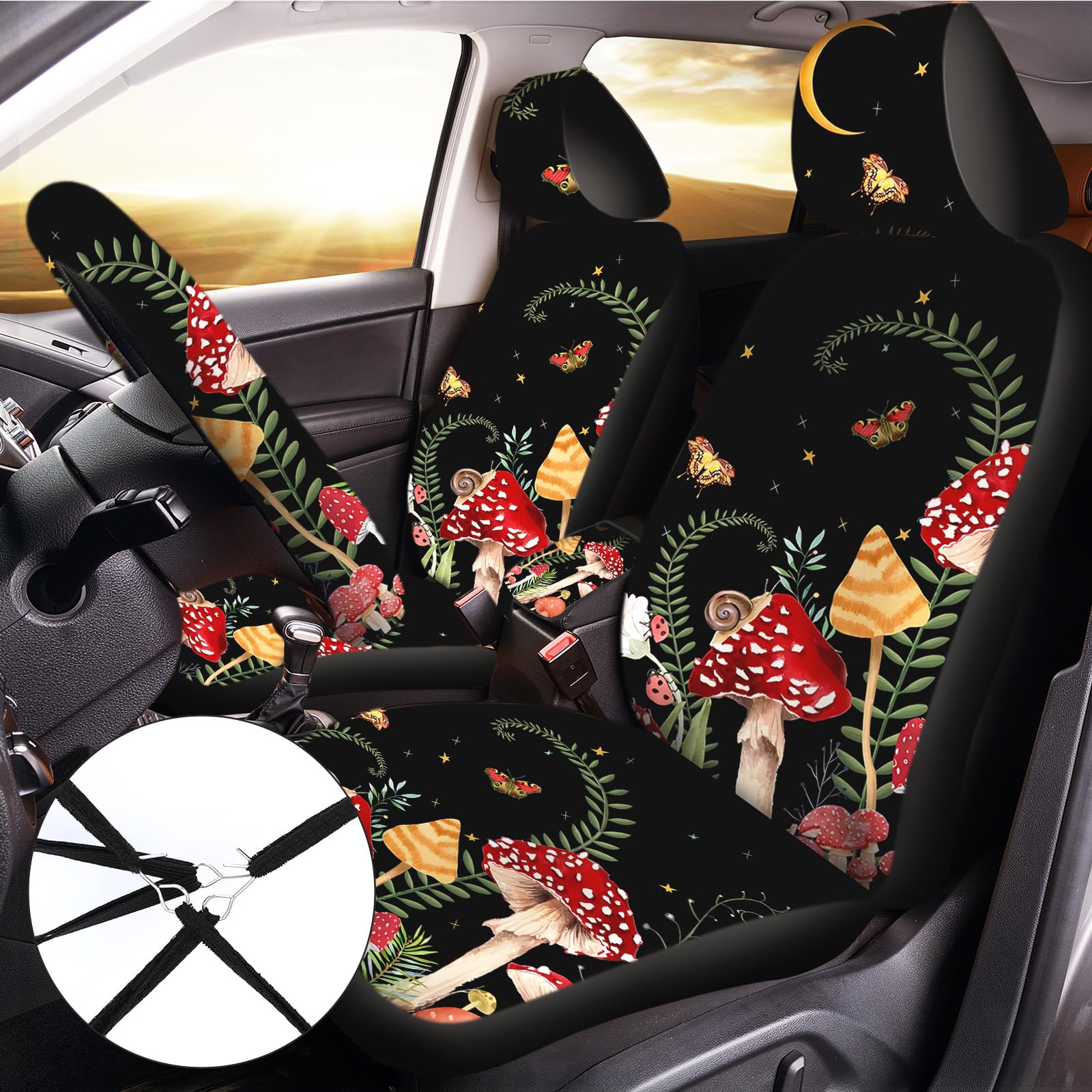 Fabbay 26 Pcs Mushroom Car Seat Covers Set with Protectors Steering Wheel Seat Belt Cover Floor Mat Armrest Cushion Key Chains A