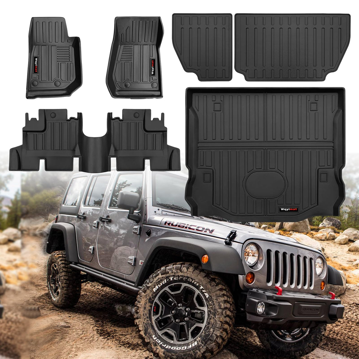 Wqyimat Custom for 2007-2018 Jeep Wrangler JK 4 Door Floor Mats & Cargo Liner & Backrest Mat All Weather TPE Rubber Protection M