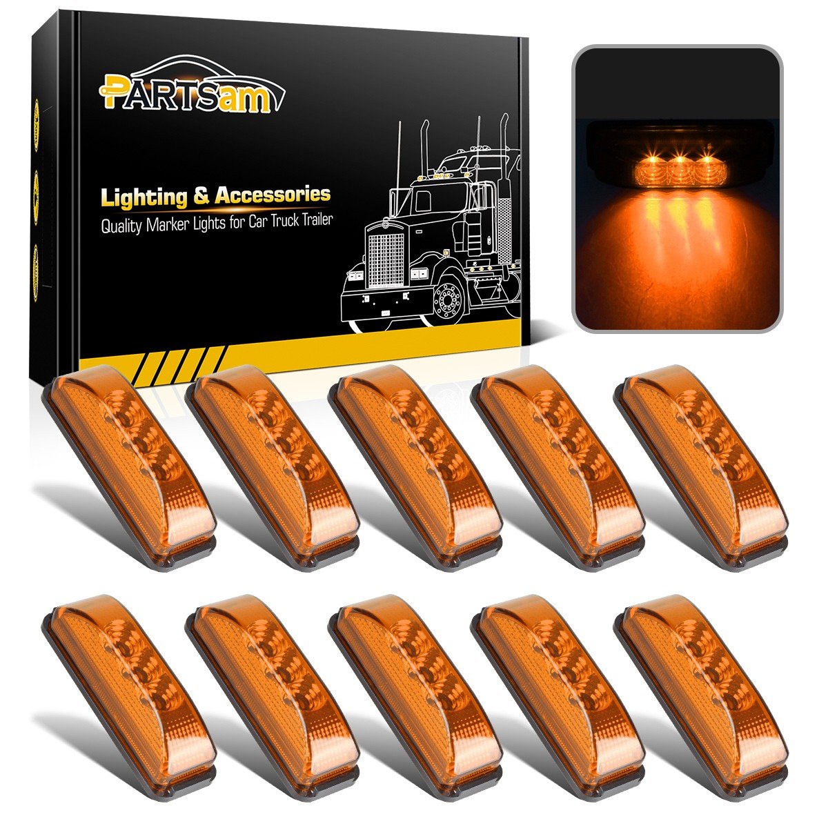Partsam 10Pcs 3.9 Inch Amber 3Led Side Marker Clearance Lights [Dot Approved] Indicators For Trailer Truck Rv Camper Utv, Waterp