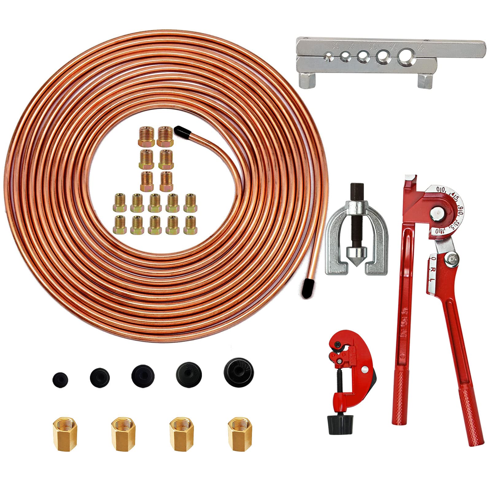 MuHize 25 ft 3/16-Inch Brake Line Kit - Upgraded Copper-Coated Brake Line with Fittings, Unions, Bender, Flare Tool and Cutter