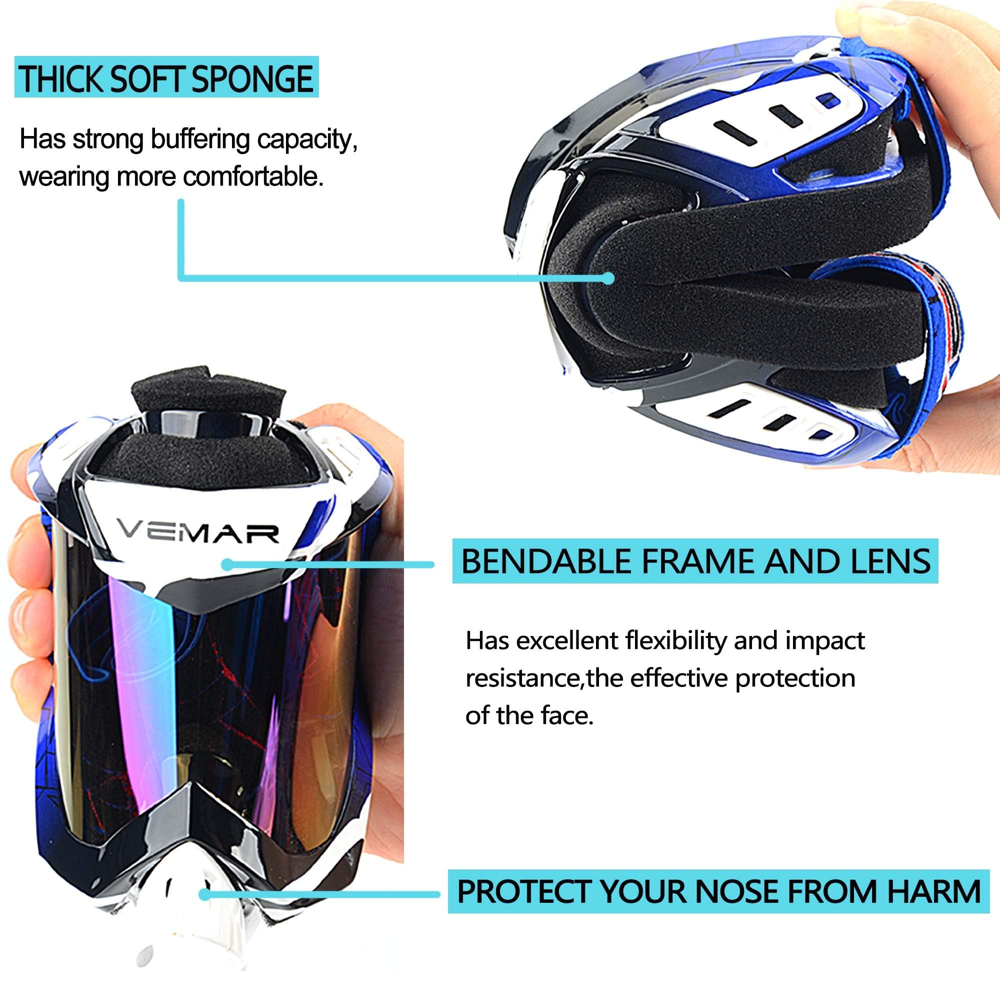 Motorcycle Motocross Goggles Atv Racing Goggles Dirt Bike Tactical Riding Motorbike Goggle Glasses, Bendable Windproof Dustproof Scratch Resistant Protective Safety Glasses (Blue)