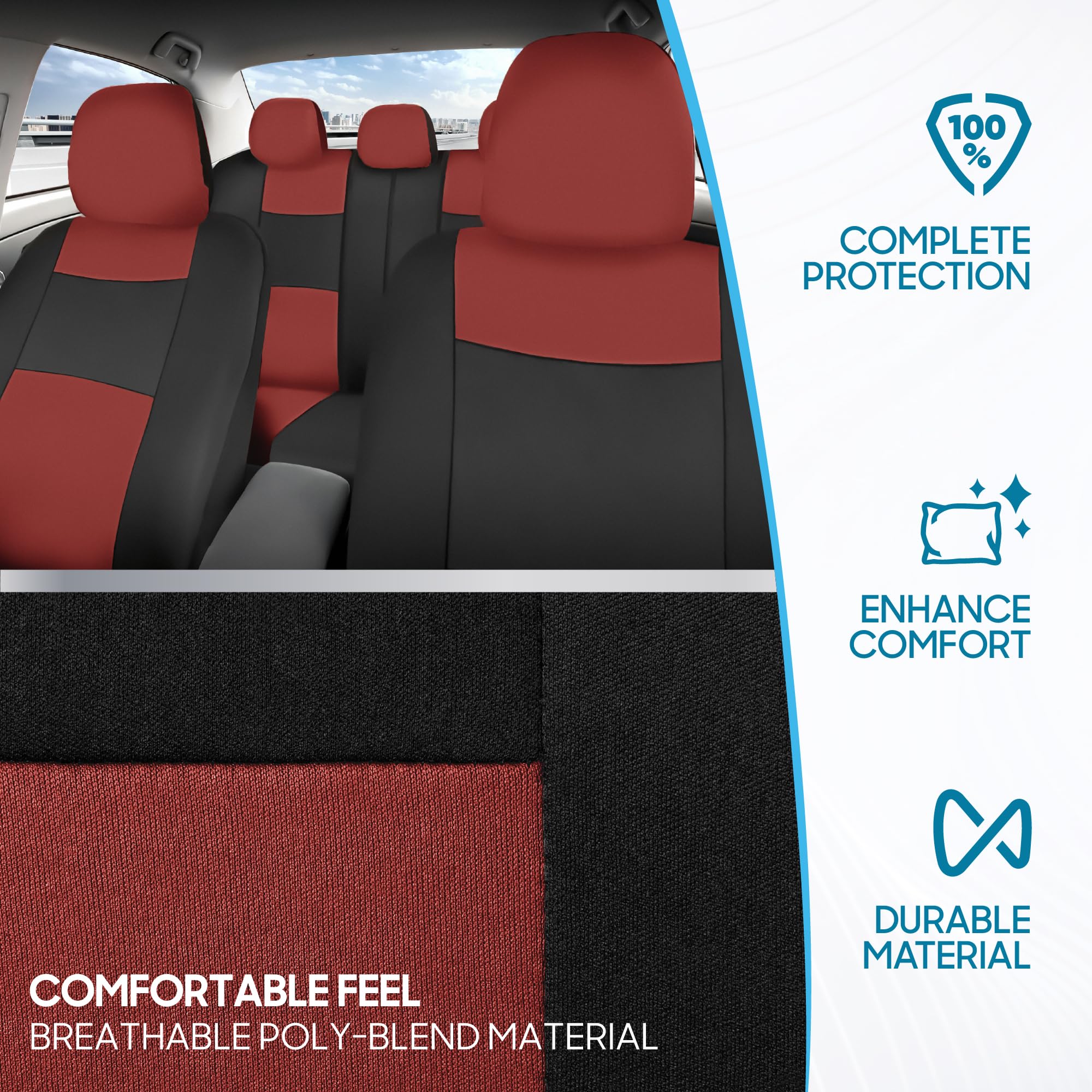 BDK PolyPro Car Seat Covers Full Set in Terracotta on Black, Front and Rear Split Bench Seat Covers for Cars, Easy to Install Ca