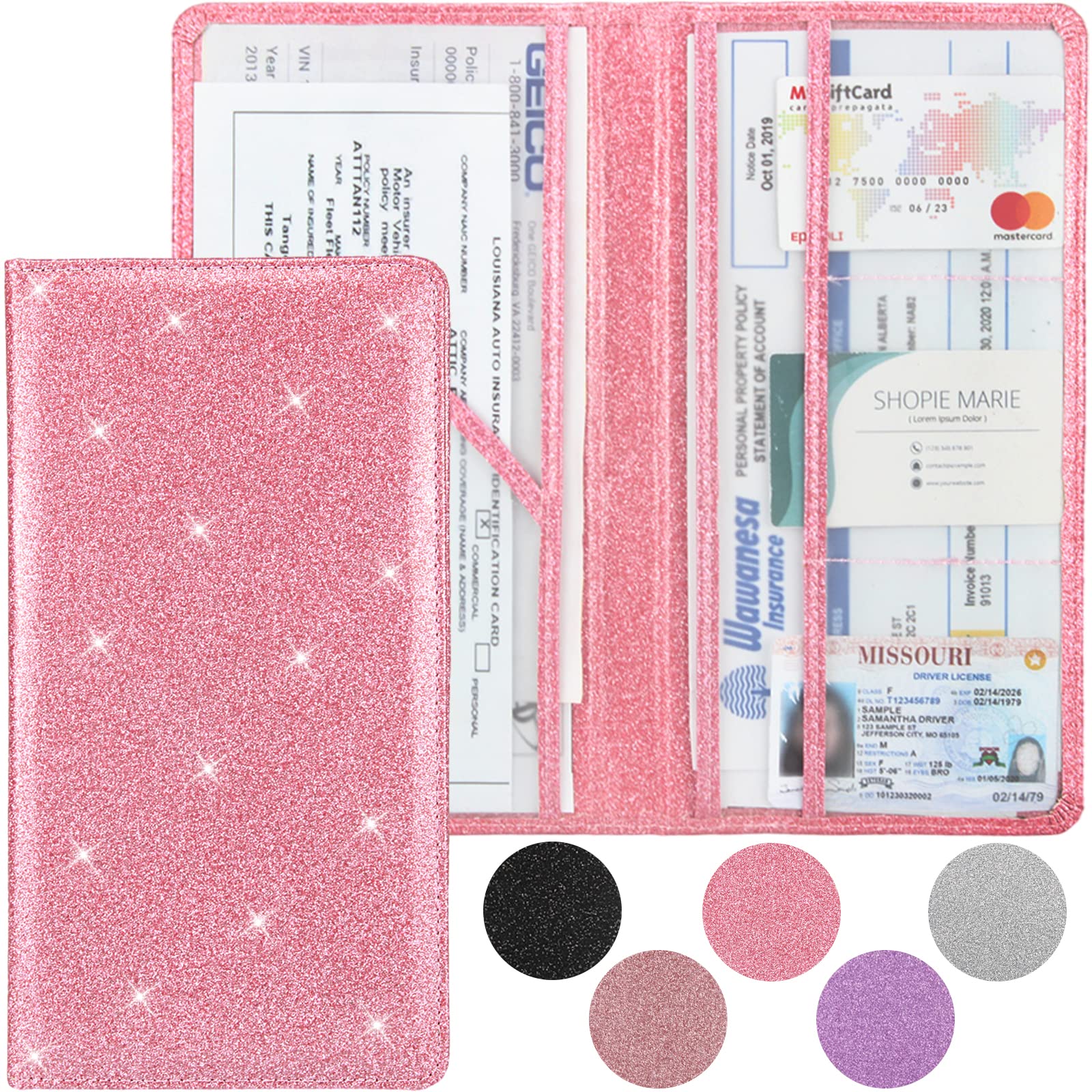 Car Registration And Insurance Holder, Premium Bling Leather Insurance And Registration Holder,Vehicle Glove Box Car Organizer,Wallet Accessories Case With Magnetic Shut For Cards, Essential Document, Driver License (Pink)