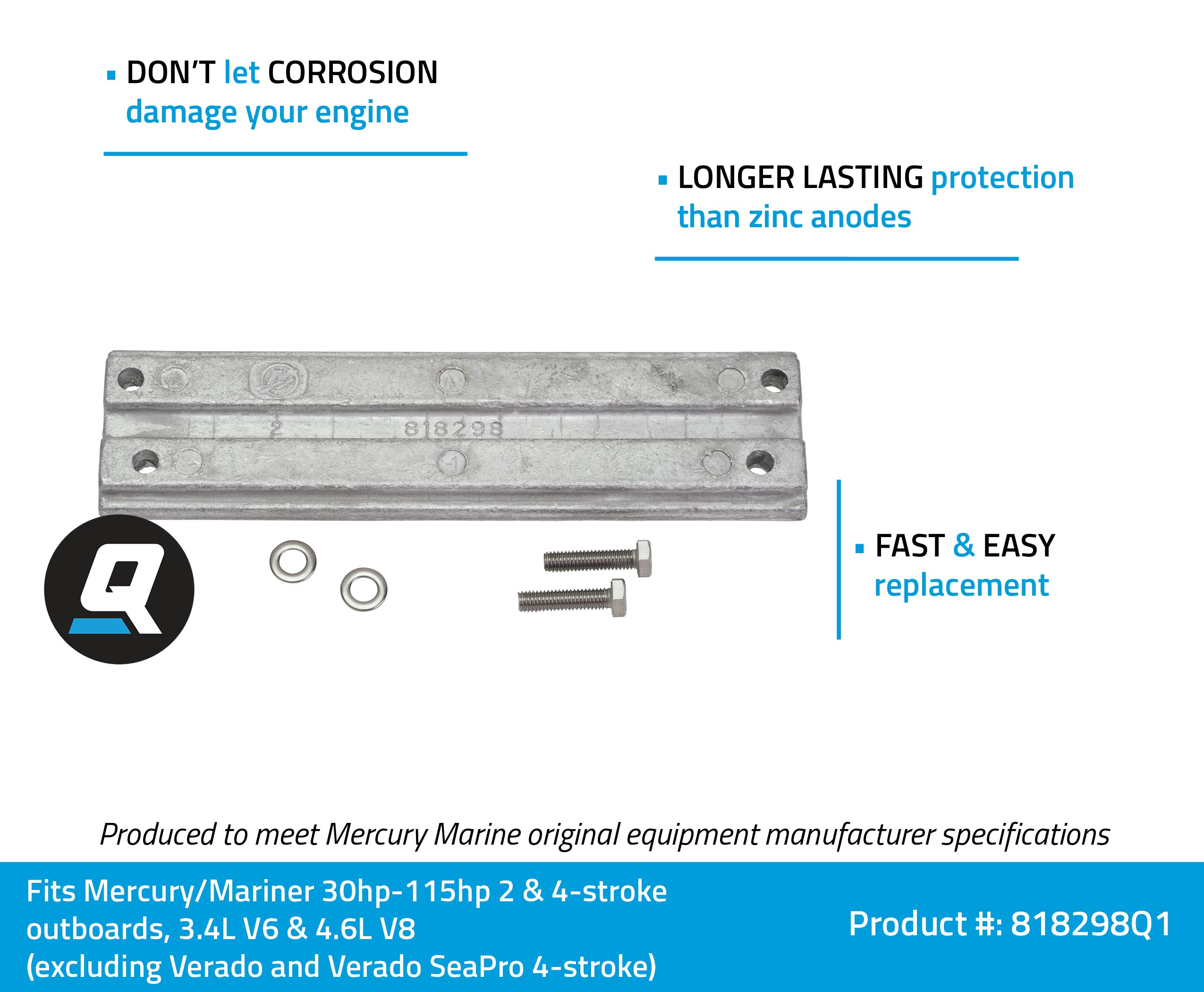 Quicksilver 818298Q1 Aluminum Anode For Mercury And Mariner Power Trim Pump Assembly