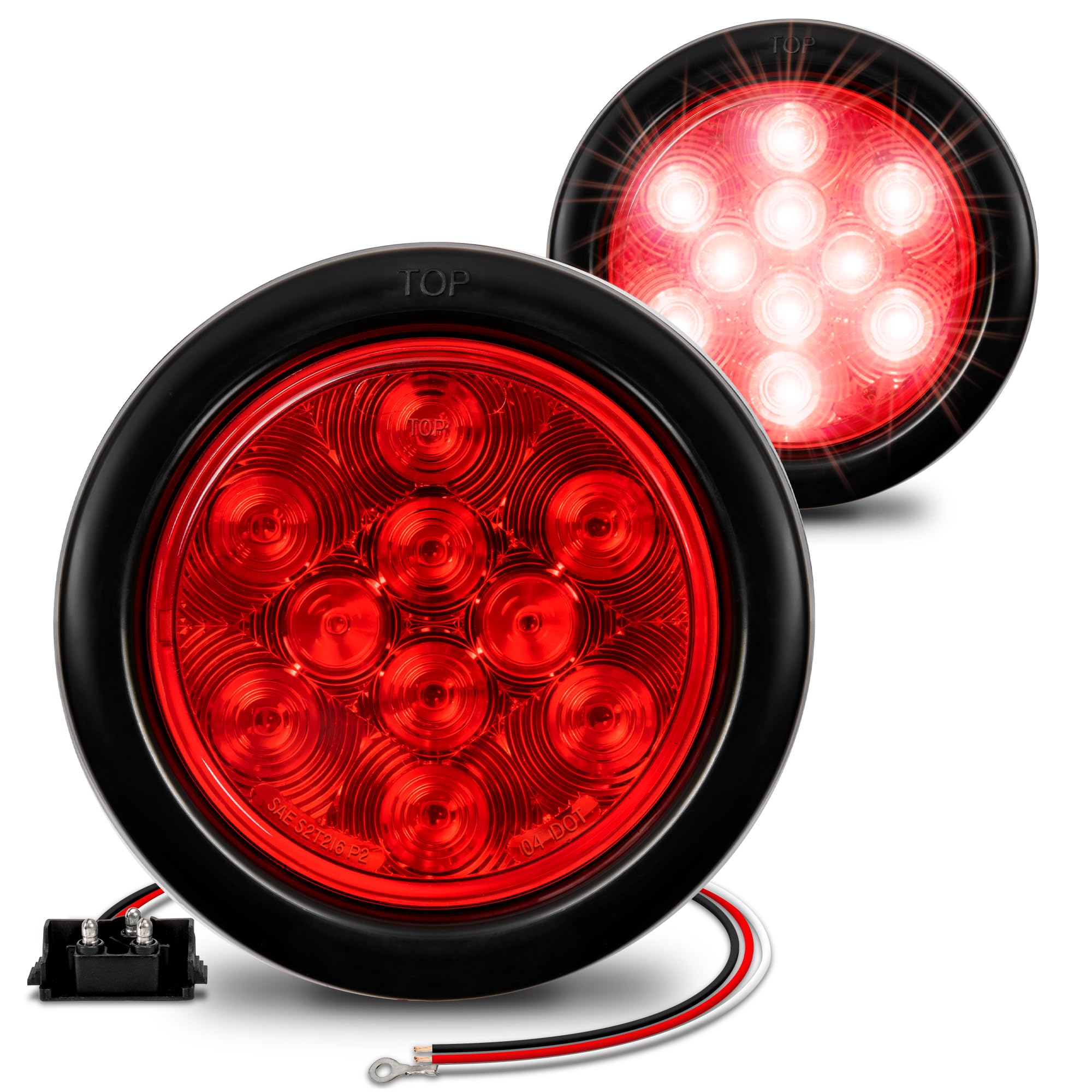 TRUE MODS 2pc 4 Round Red 10 LED Trailer Tail Lights [DOT FMVSS 108] [SAE S2T2I6P2] [Grommet & Plug] [IP67 Waterproof] Turn Stop