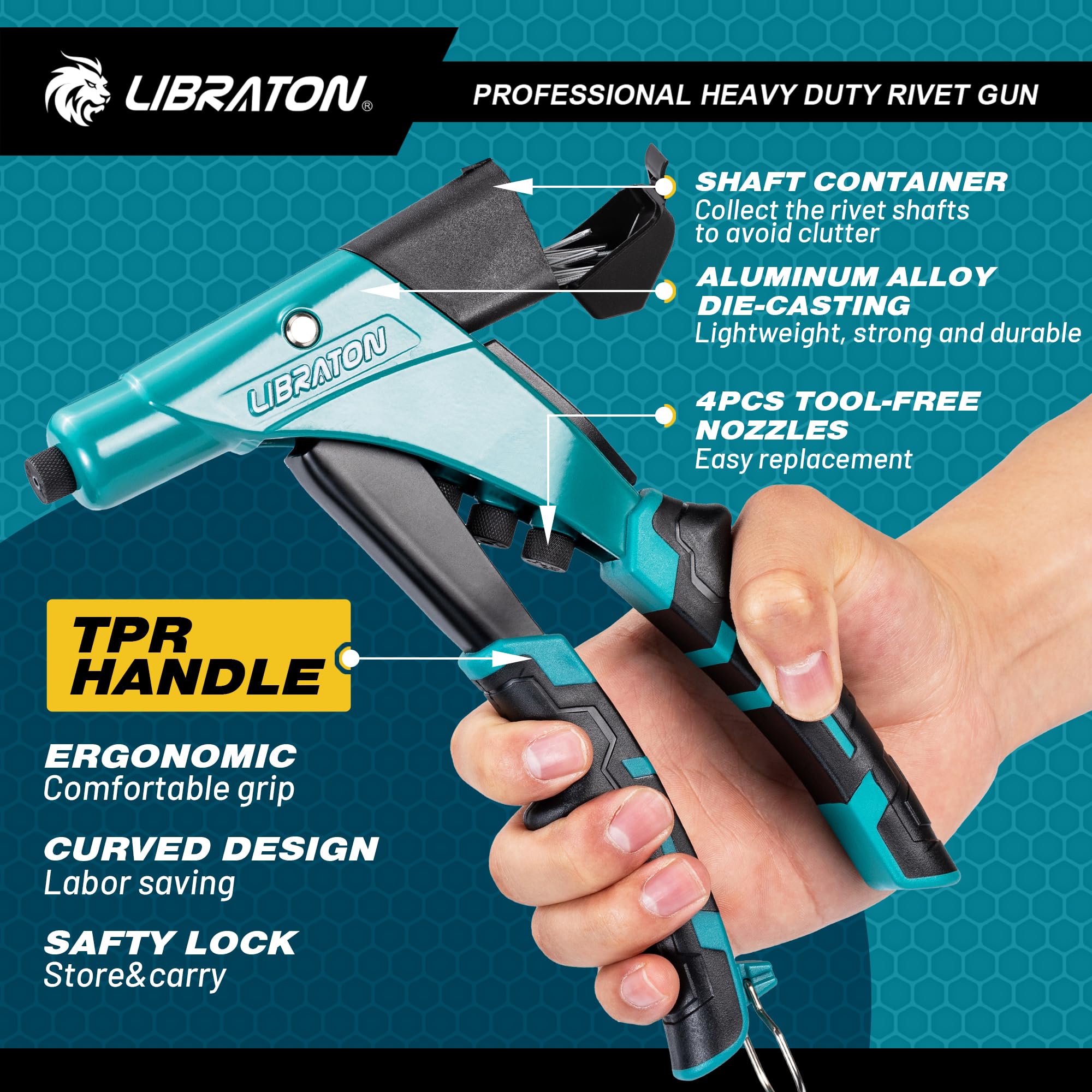 Libraton Professional Heavy Duty Rivet Gun, One-Handed Pop Rivet Gun Set, Robust Riveter With Shaft Container, Manual Riveting T
