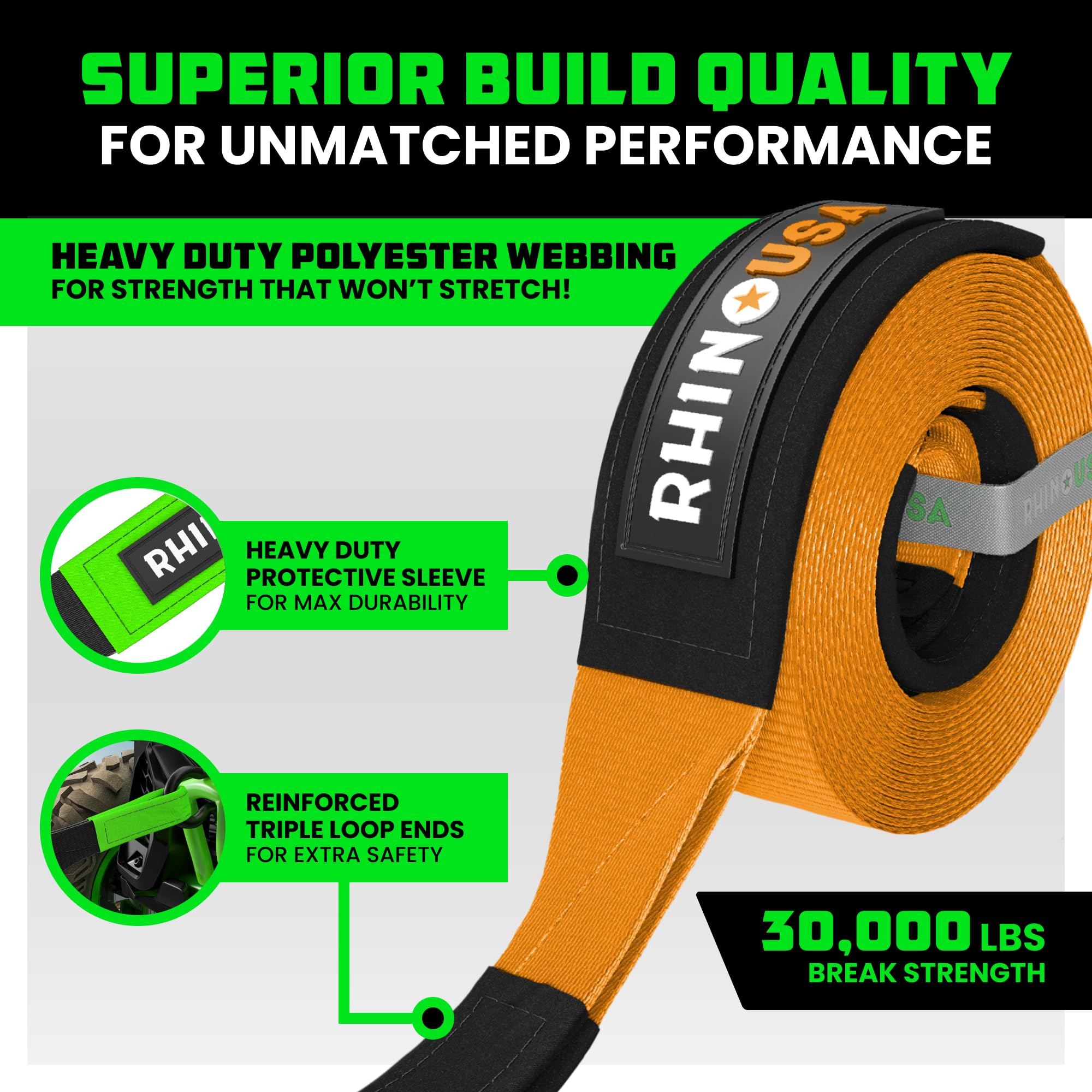 Rhino Usa Recovery Tow Strap (3''X20')- 31,518Lb Break Strength- Emergency Recovery Strap Tow Rope For Truck, Utv, Atv & More- H