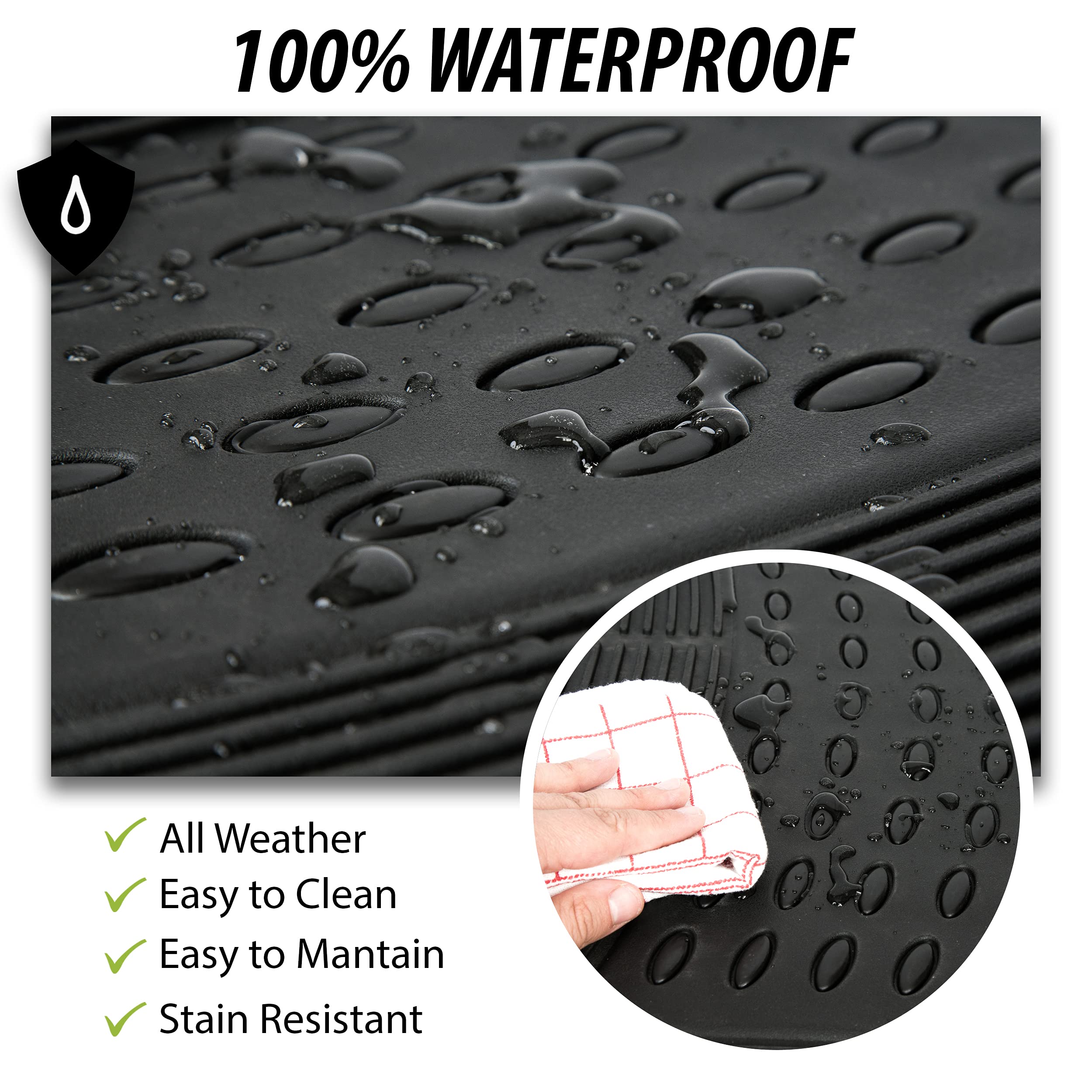 Zonetech All Weather Rubber Car Interior Floor Mats 3-Piece Trimmable Waterproof Odorless Black Heavy Duty Universal Fit