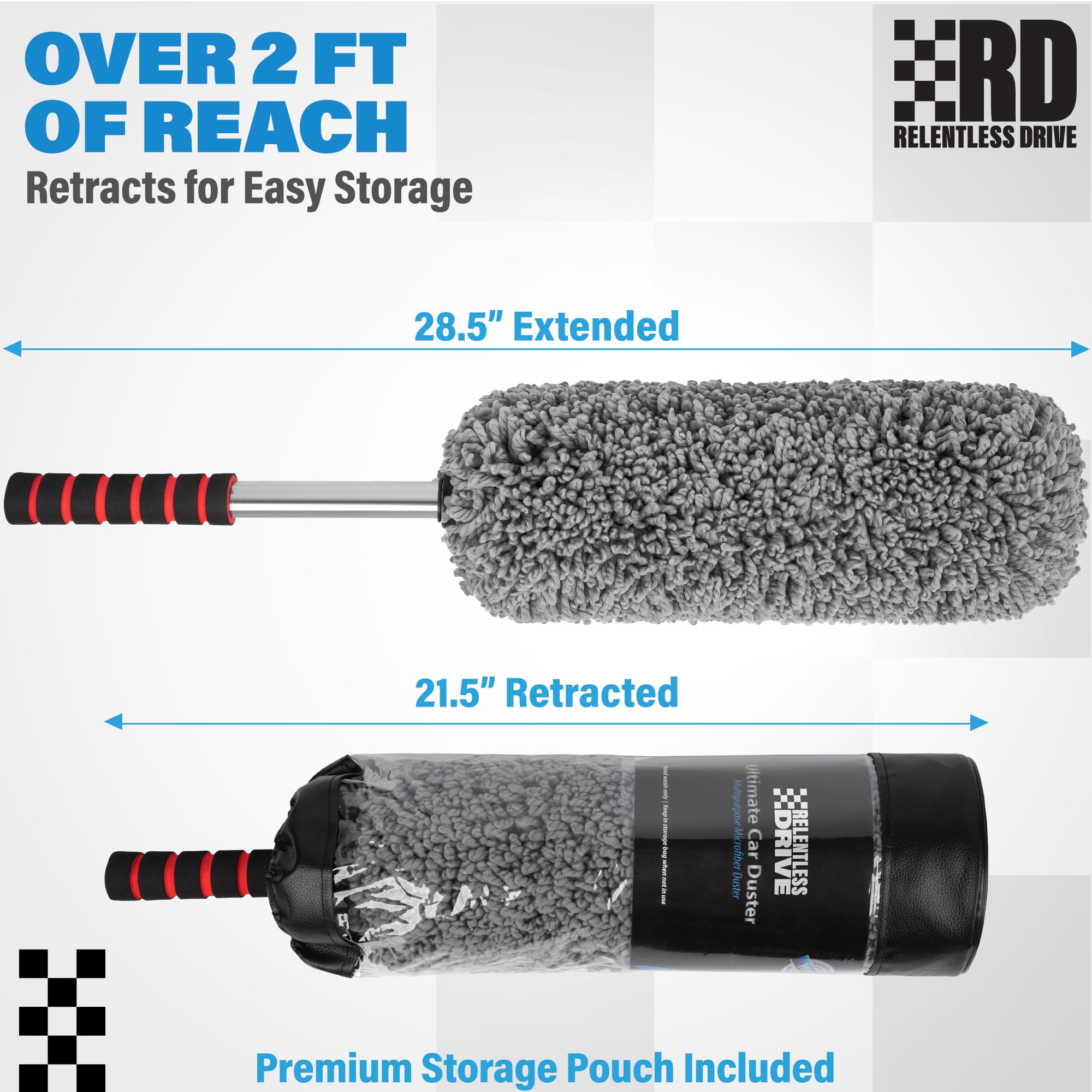 Relentless Drive Car Duster Exterior Scratch Free - Car Accessories For Women & Men - Cleaning Supplies With Premium Microfiber Includes Extra Large Extendable Handle