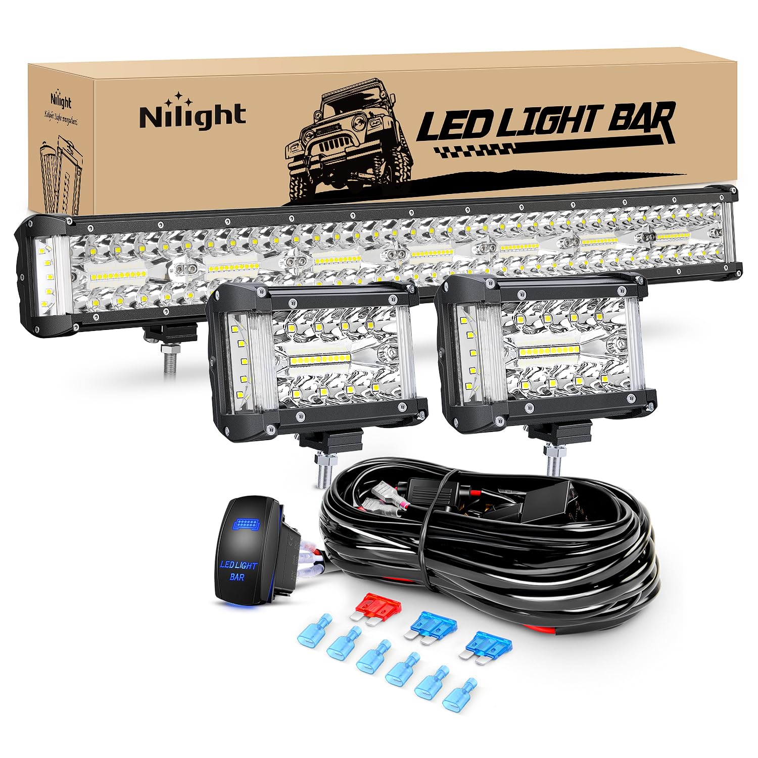 Nilight Side Shooter Led Light Bar Set 20 Inch Triple Row Spot Flood Combo Lights 2Pcs 4.3'' Pods With 5Pin Rocker Switch Wiring