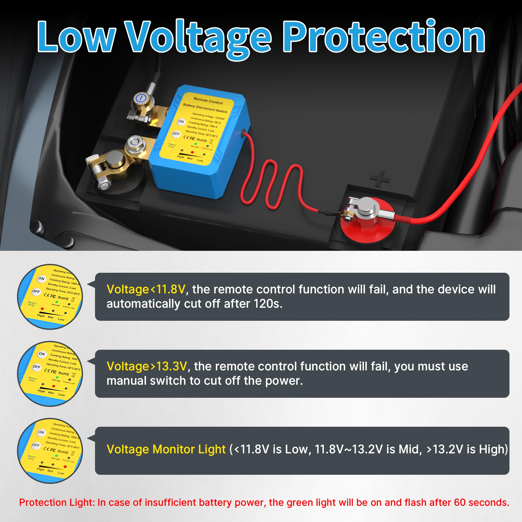 Joinfworld Kill Switch for Car 12V 240A Remote Battery Disconnect Switch Car Anti Theft Kill Switch Automatic Battery Shut Off S